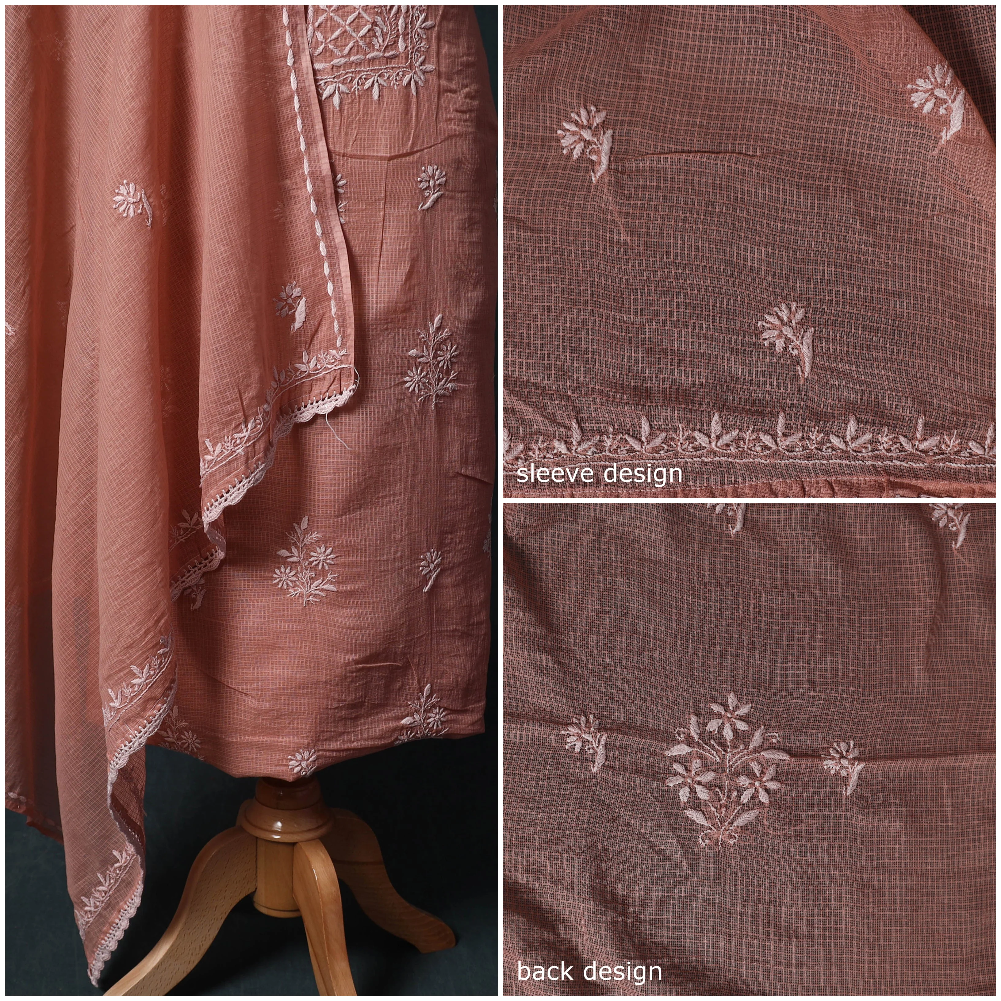 Peach - Lucknowi Chikankari Hand Embroidered Kota Doria Cotton 2pc Unstitched Dress Material Kurta Set 15 - Image 3