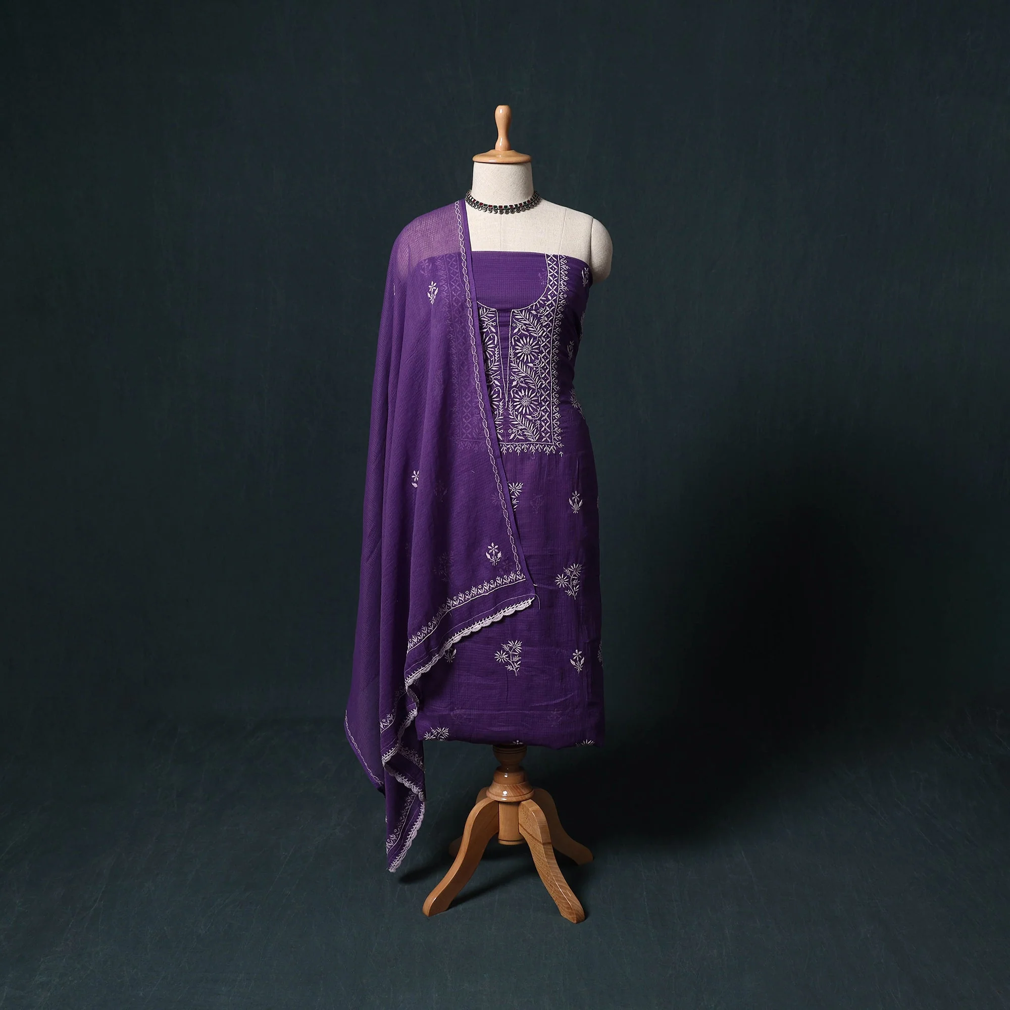 Purple - Lucknowi Chikankari Hand Embroidered Kota Doria Cotton 2pc Unstitched Dress Material Kurta Set 16