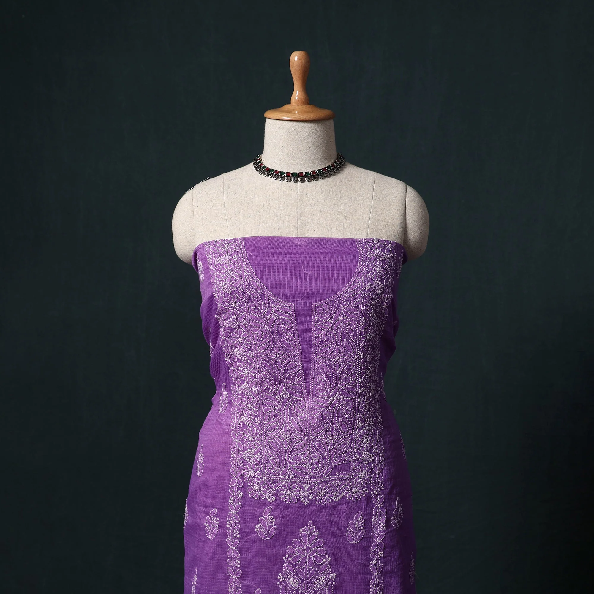 Purple - Lucknowi Chikankari Hand Embroidered Kota Doria Cotton 2pc Unstitched Dress Material Kurta Set 17 - Image 2