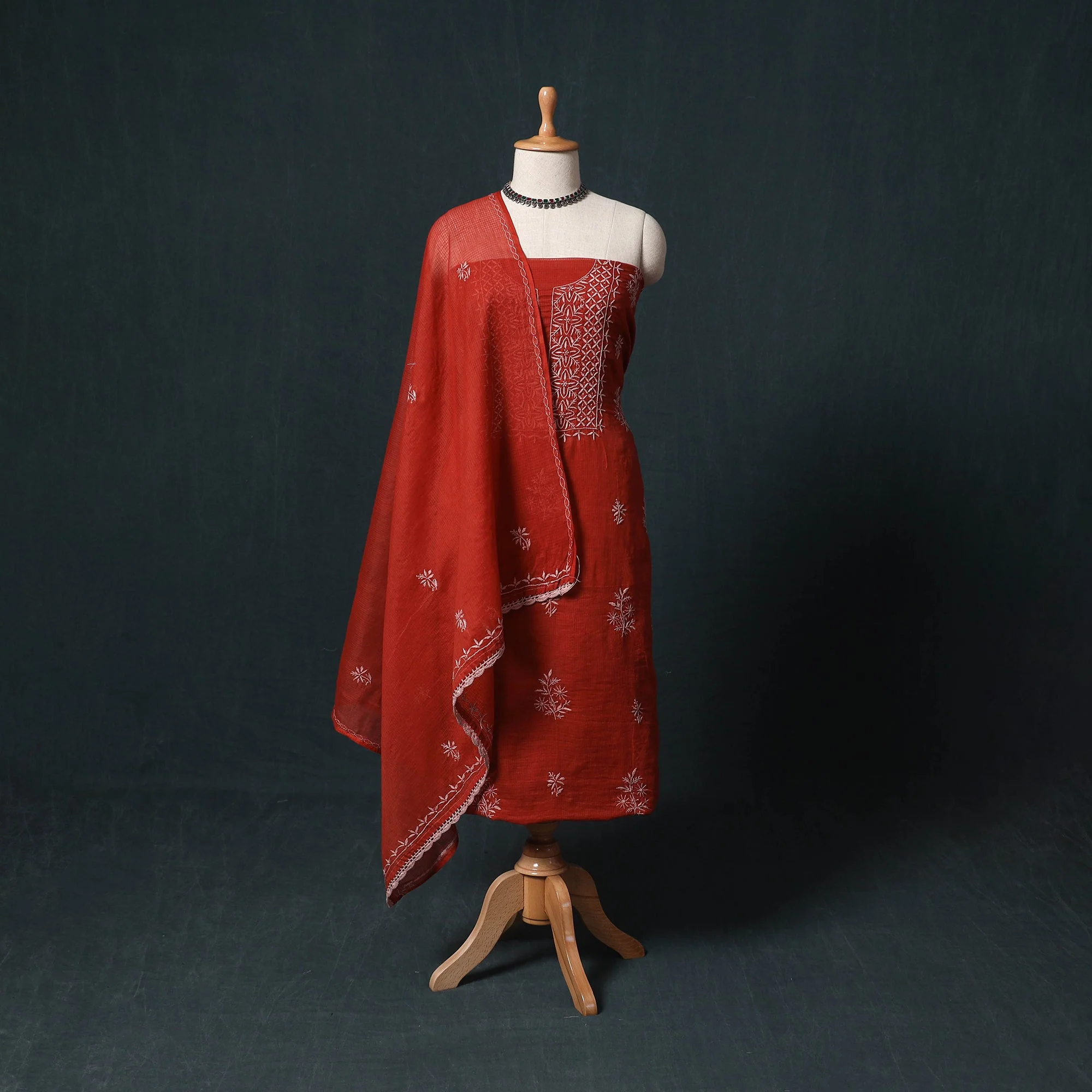 Red - Lucknowi Chikankari Hand Embroidered Kota Doria Cotton 2pc Unstitched Dress Material Kurta Set 19