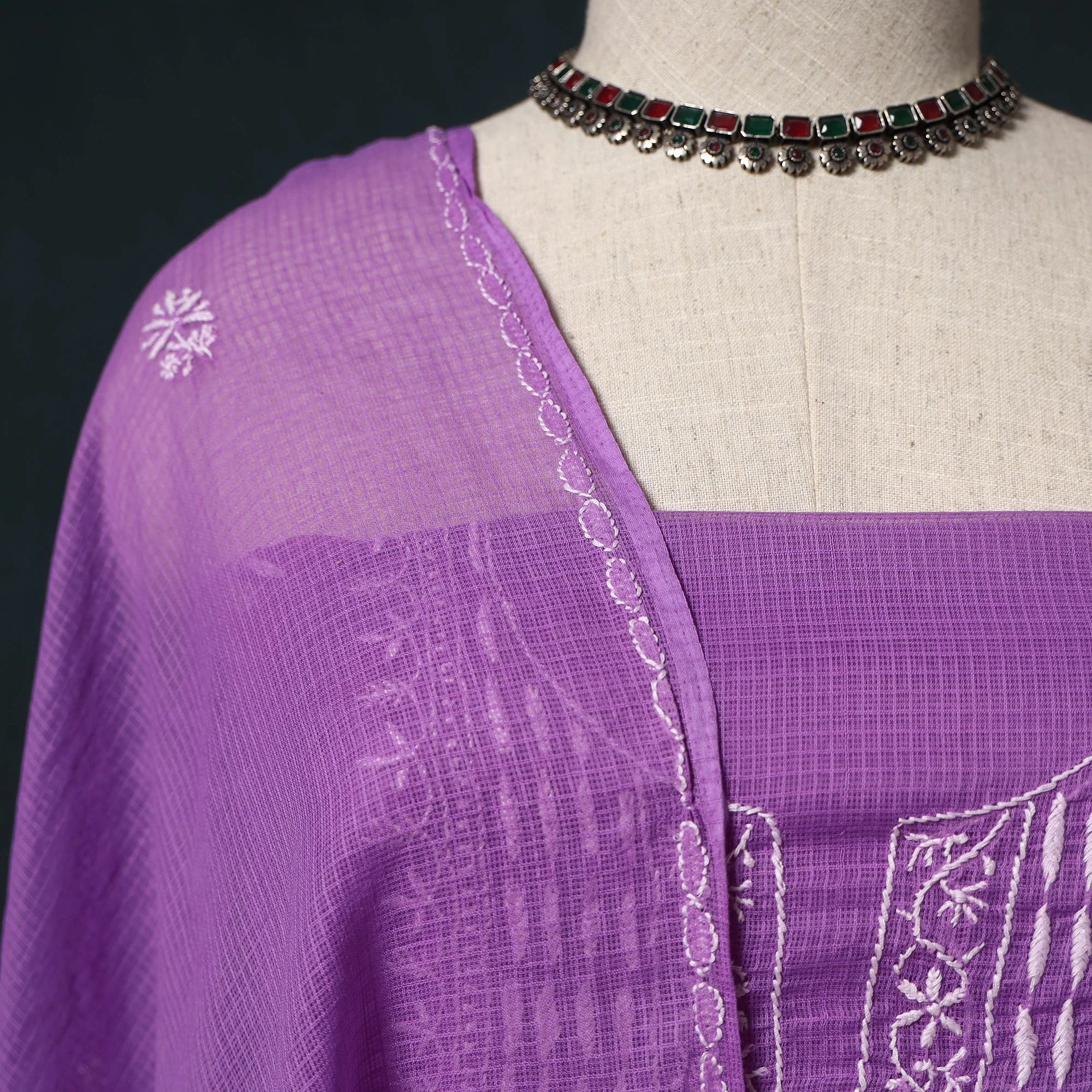 Purple - Lucknowi Chikankari Hand Embroidered Kota Doria Cotton 2pc Unstitched Dress Material Kurta Set 22 - Image 4