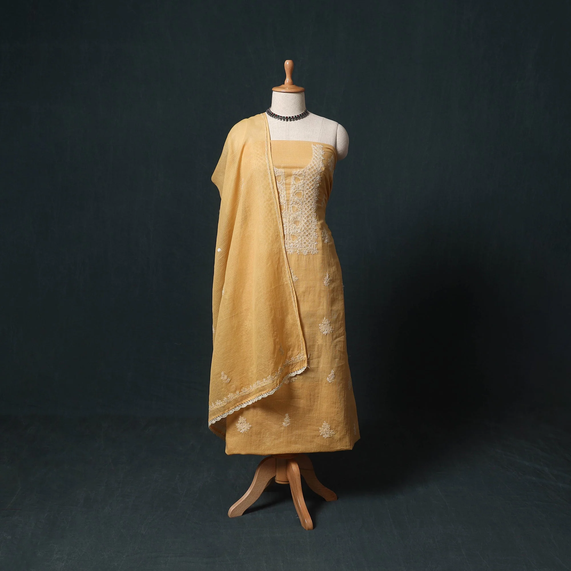 Yellow - Lucknowi Chikankari Hand Embroidered Kota Doria Cotton 2pc Unstitched Dress Material Kurta Set 23