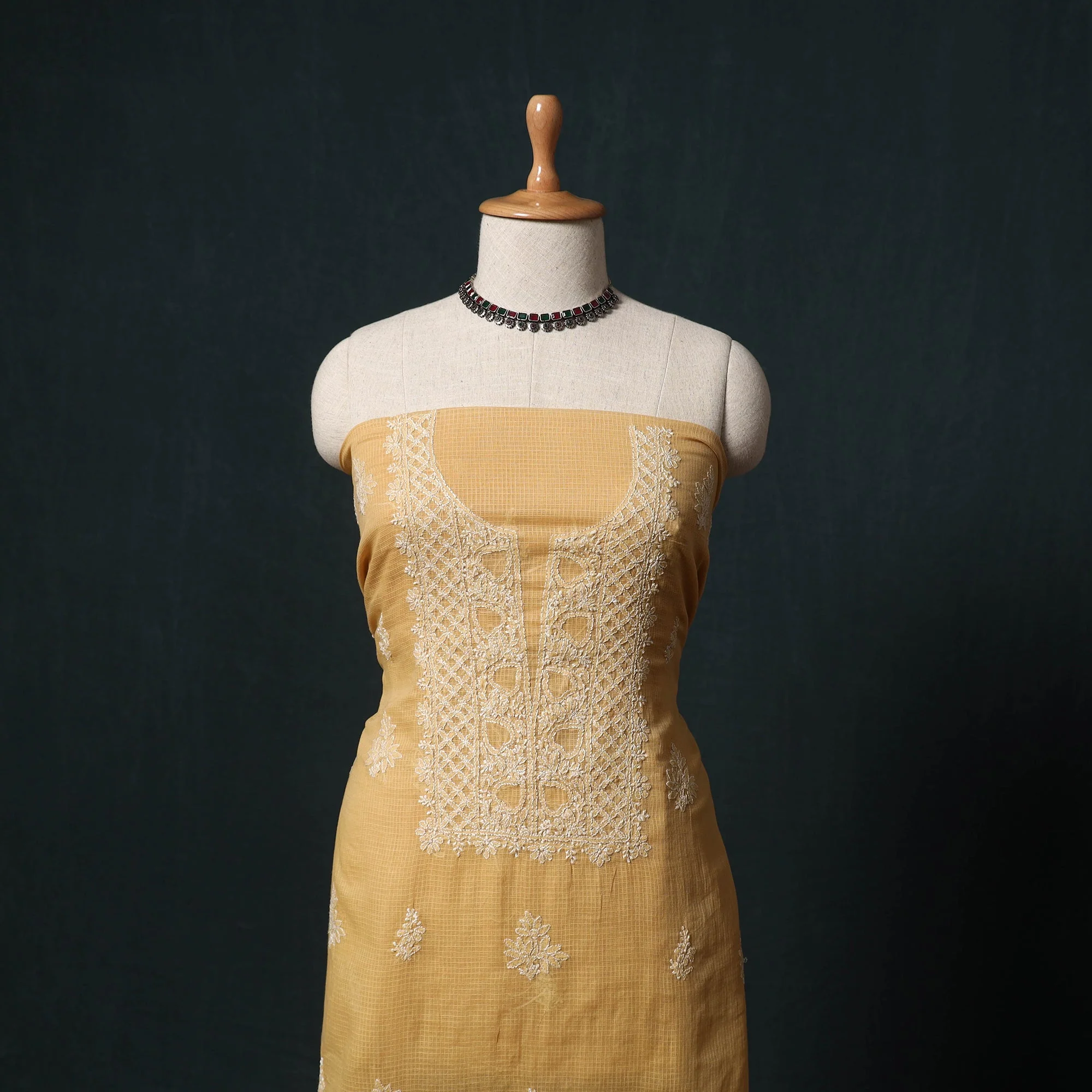 Yellow - Lucknowi Chikankari Hand Embroidered Kota Doria Cotton 2pc Unstitched Dress Material Kurta Set 23 - Image 2