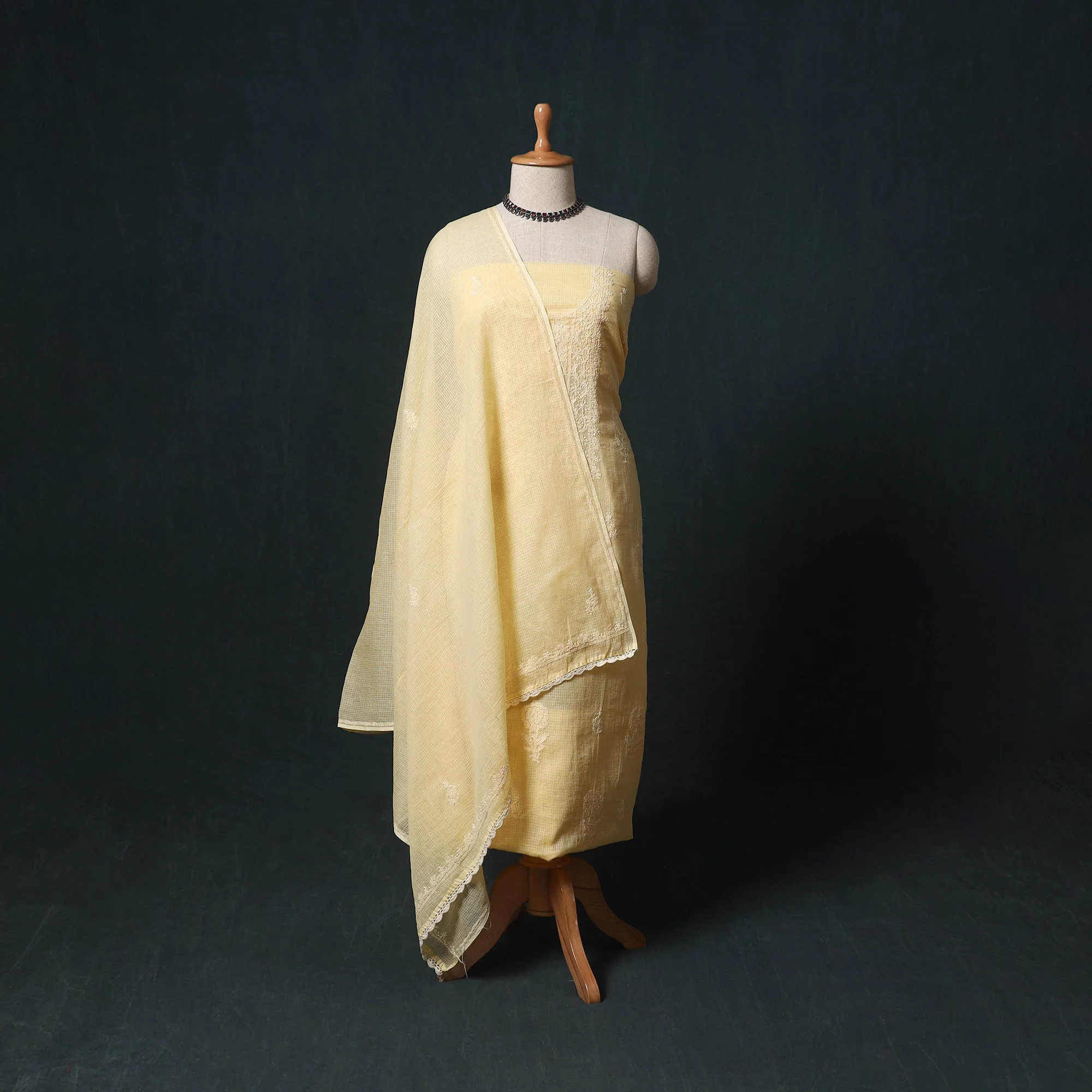 Yellow - Lucknowi Chikankari Hand Embroidered Kota Doria Cotton 2pc Unstitched Dress Material Kurta Set 31