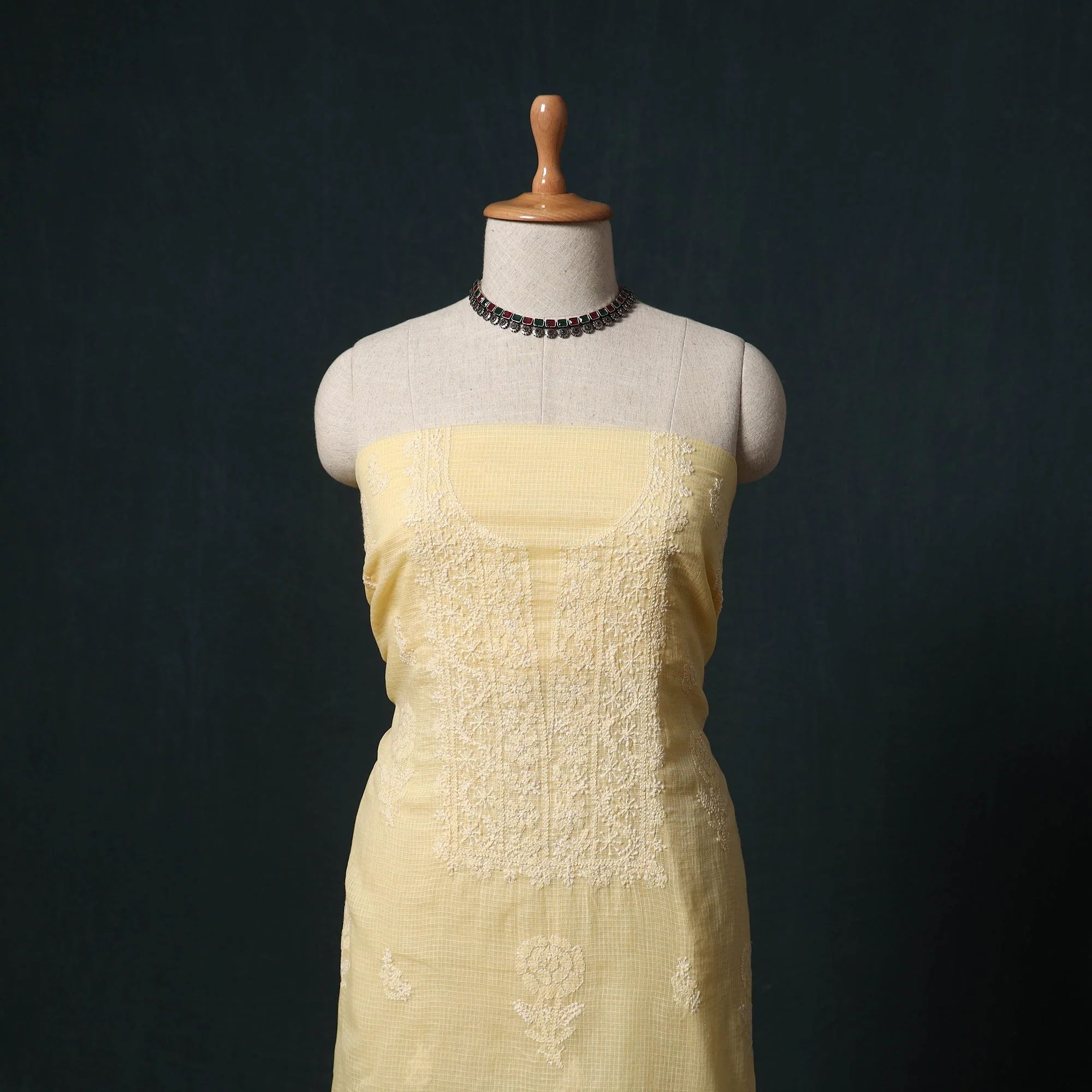 Yellow - Lucknowi Chikankari Hand Embroidered Kota Doria Cotton 2pc Unstitched Dress Material Kurta Set 31 - Image 2