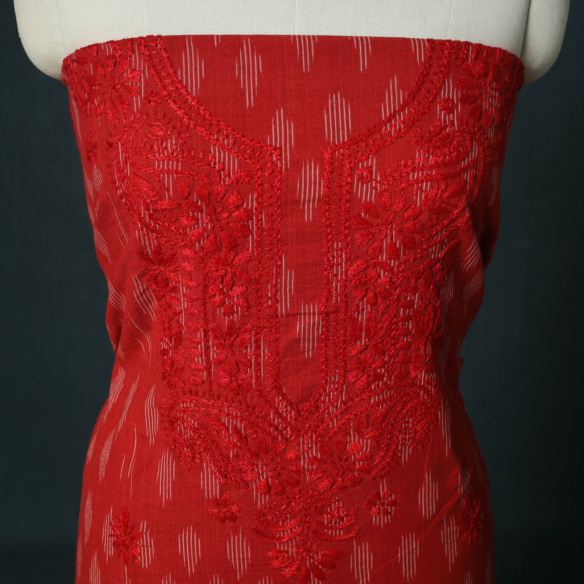 Lucknowi Chikankari Hand Embroidered Pochampally Ikat Cotton Unstitched Kurta Material (2.5M) 32 - Image 3