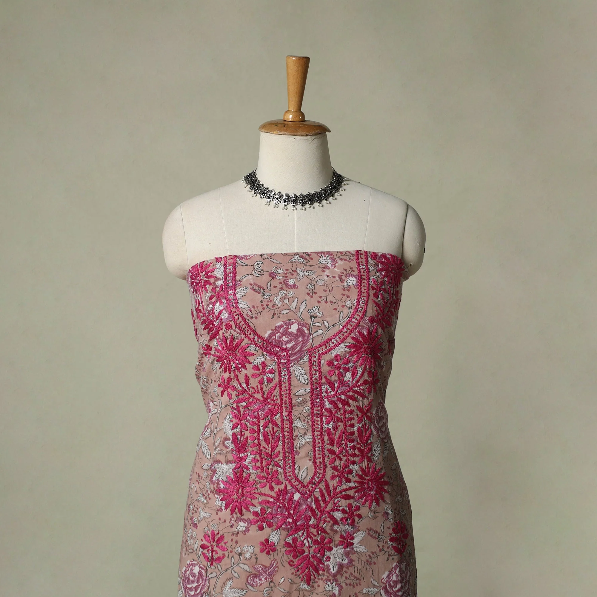 Pink - Lucknowi Chikankari Hand Embroidery Sanganeri Unstitched Kurta Material (2.5M) 04 - Image 2