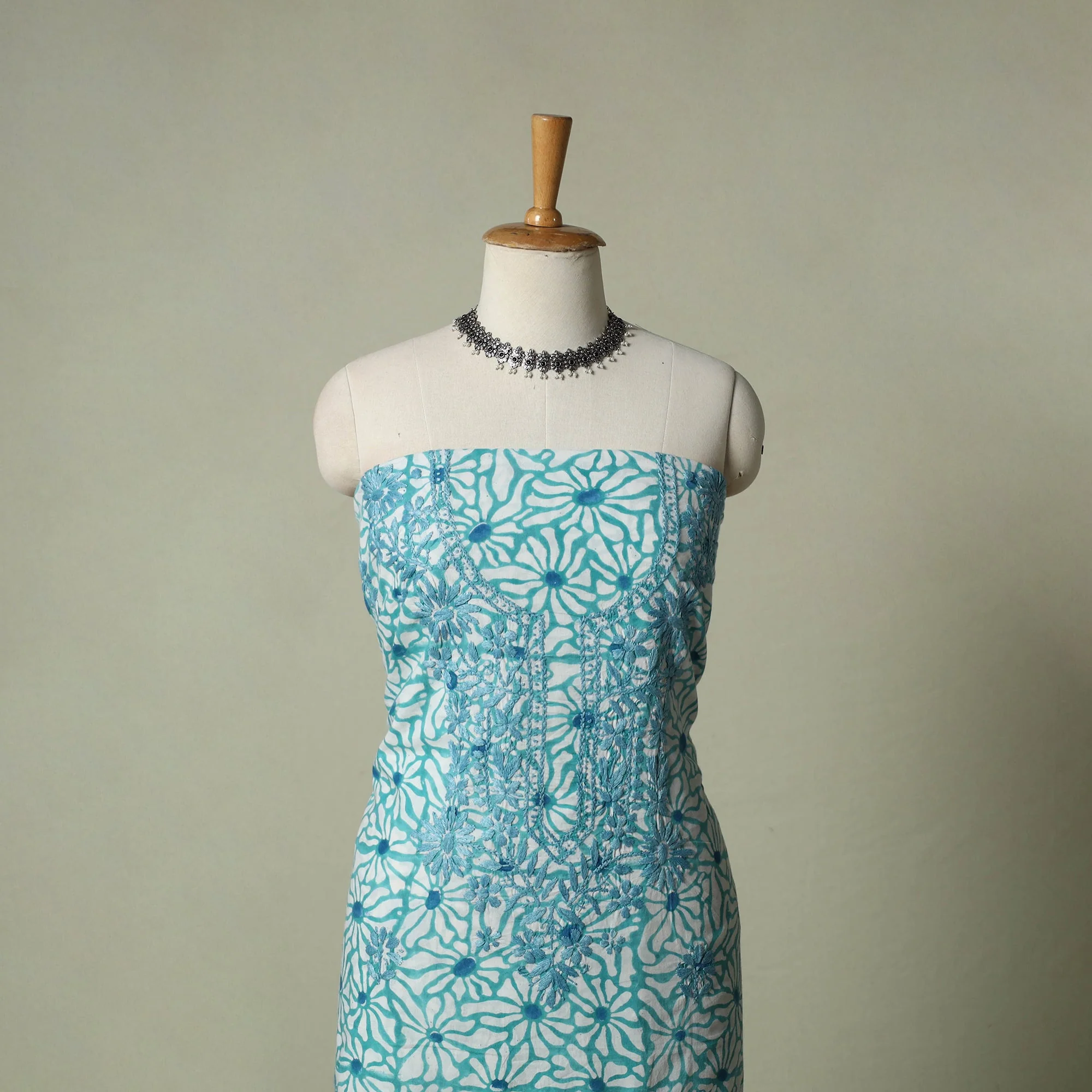 Blue - Lucknowi Chikankari Hand Embroidery Sanganeri Unstitched Kurta Material (2.5M) 30 - Image 2