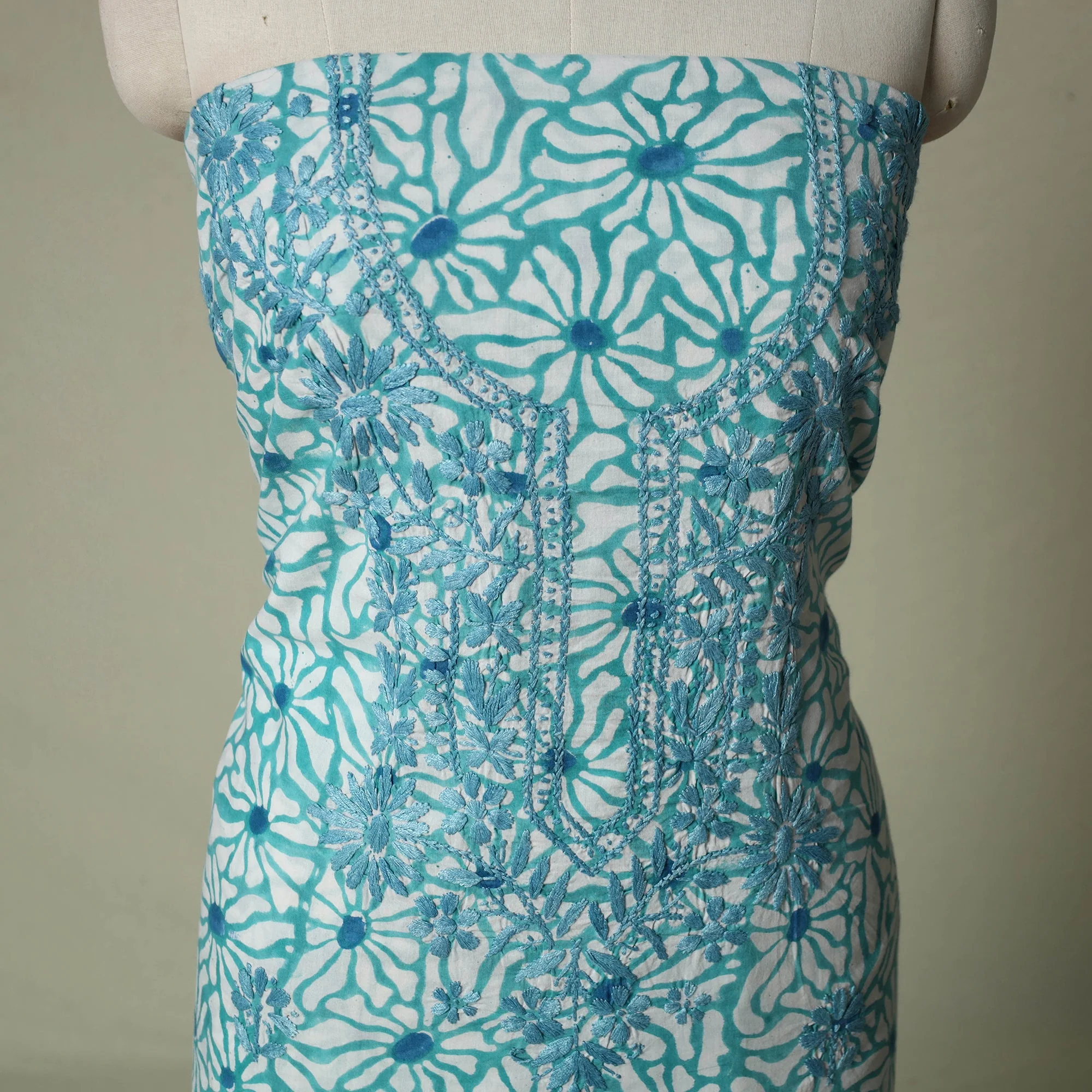 Blue - Lucknowi Chikankari Hand Embroidery Sanganeri Unstitched Kurta Material (2.5M) 30 - Image 4