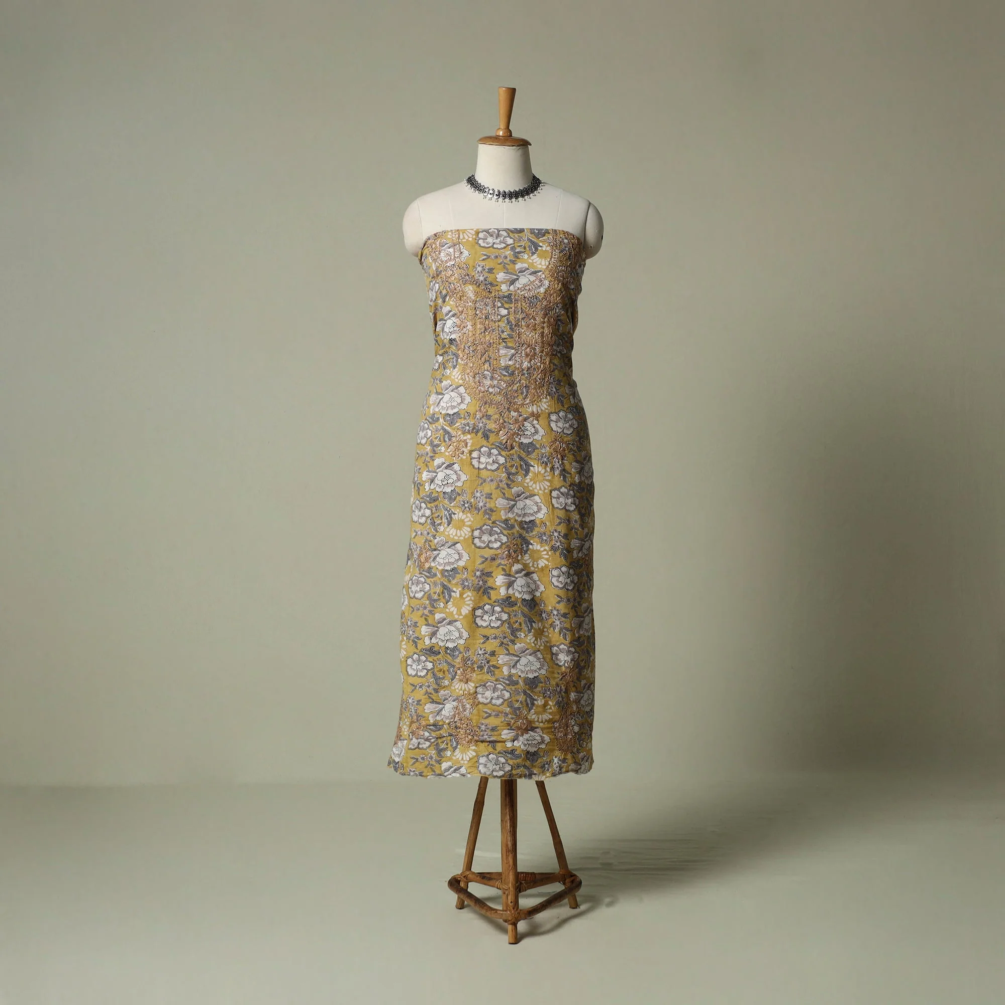 Yellow - Lucknowi Chikankari Hand Embroidery Sanganeri Unstitched Kurta Material (2.5M) 43