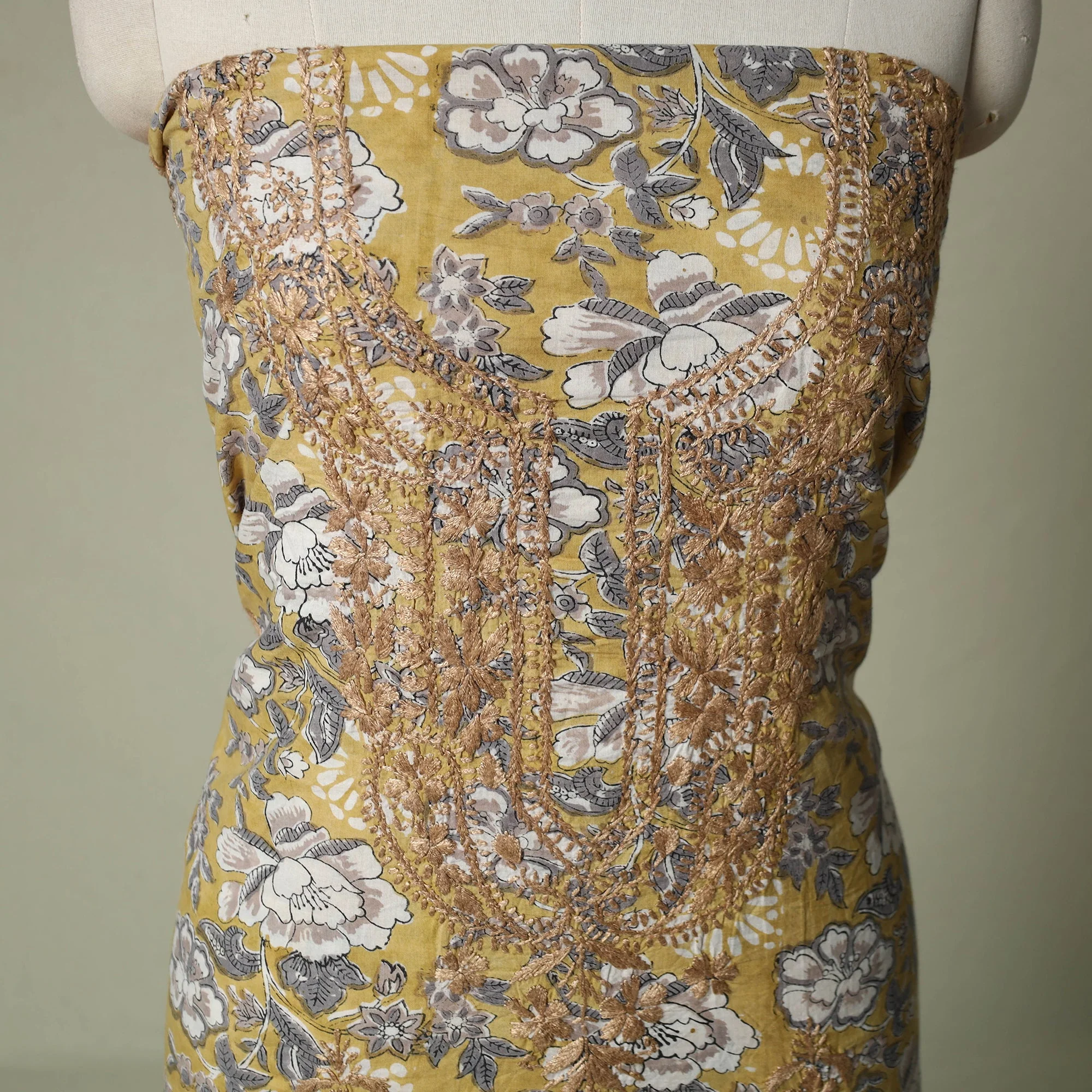 Yellow - Lucknowi Chikankari Hand Embroidery Sanganeri Unstitched Kurta Material (2.5M) 43 - Image 4