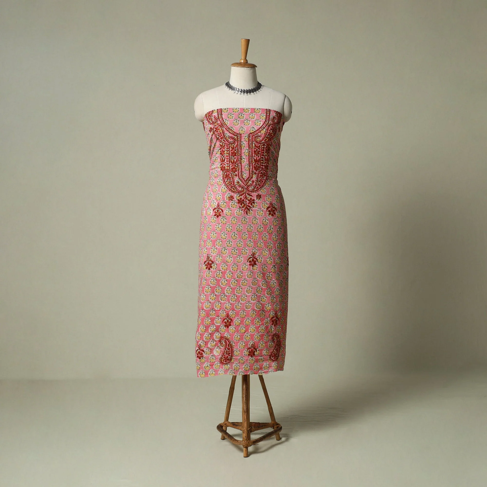 Pink - Lucknowi Chikankari Hand Embroidery Sanganeri Unstitched Kurta Material (2.5M) 46