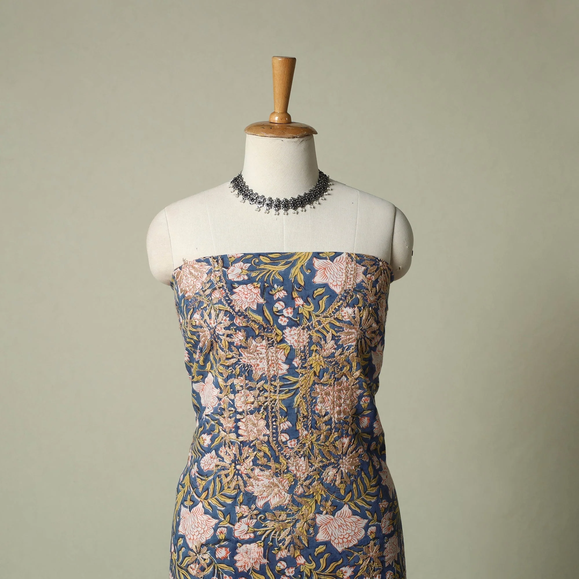 Blue - Lucknowi Chikankari Hand Embroidery Sanganeri Unstitched Kurta Material (2.5M) 73 - Image 2