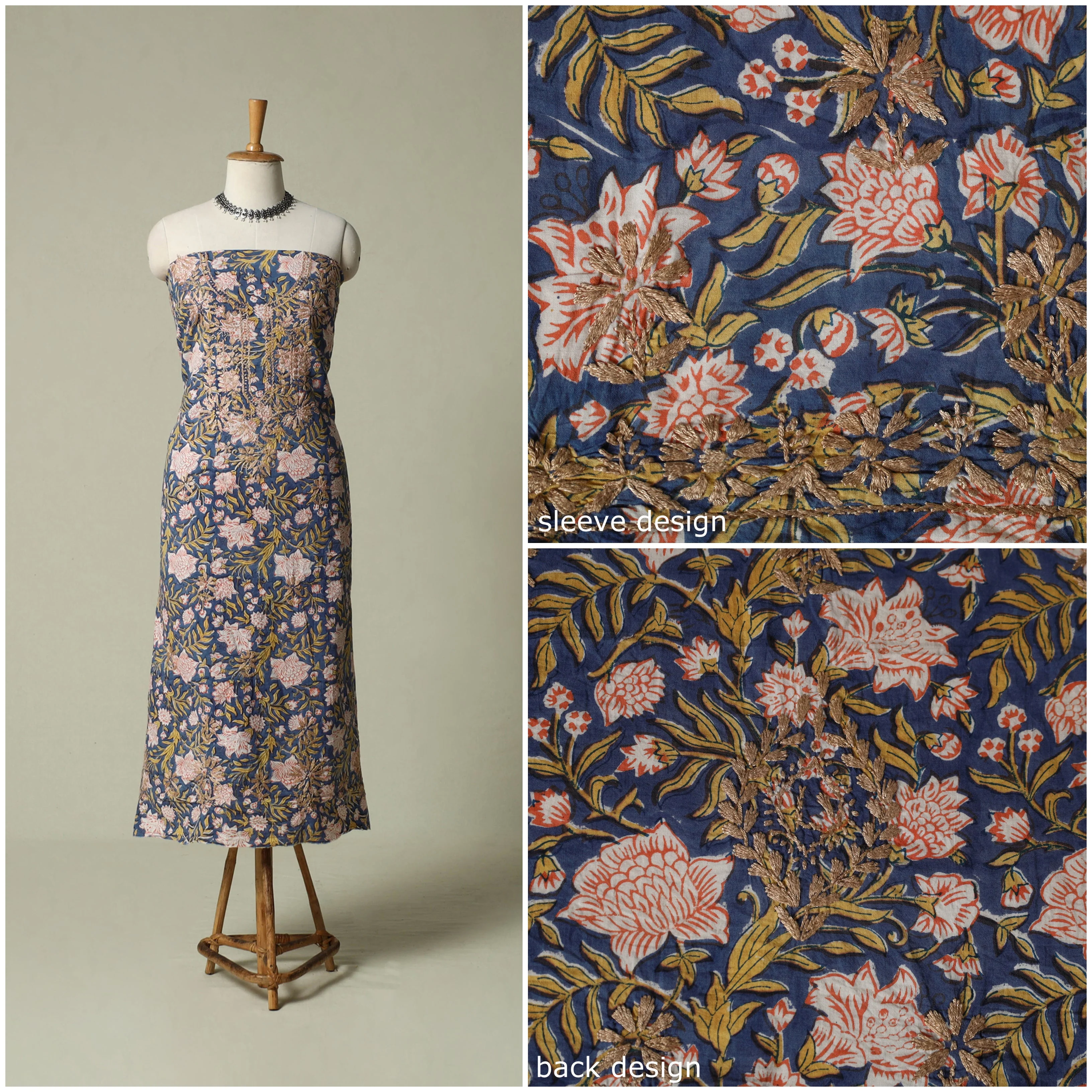 Blue - Lucknowi Chikankari Hand Embroidery Sanganeri Unstitched Kurta Material (2.5M) 73 - Image 3