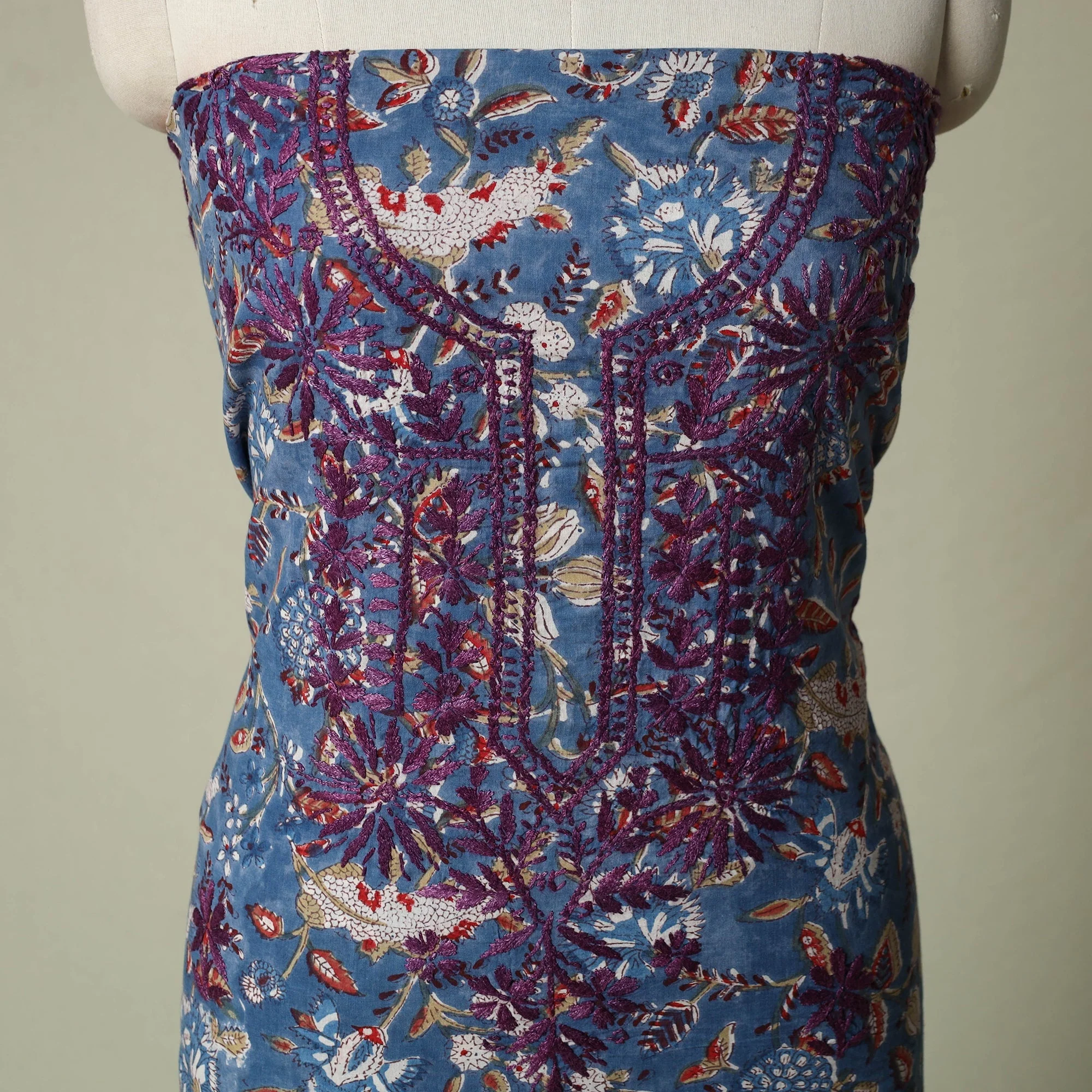 Blue - Lucknowi Chikankari Hand Embroidery Sanganeri Unstitched Kurta Material (2.5M) 82 - Image 4