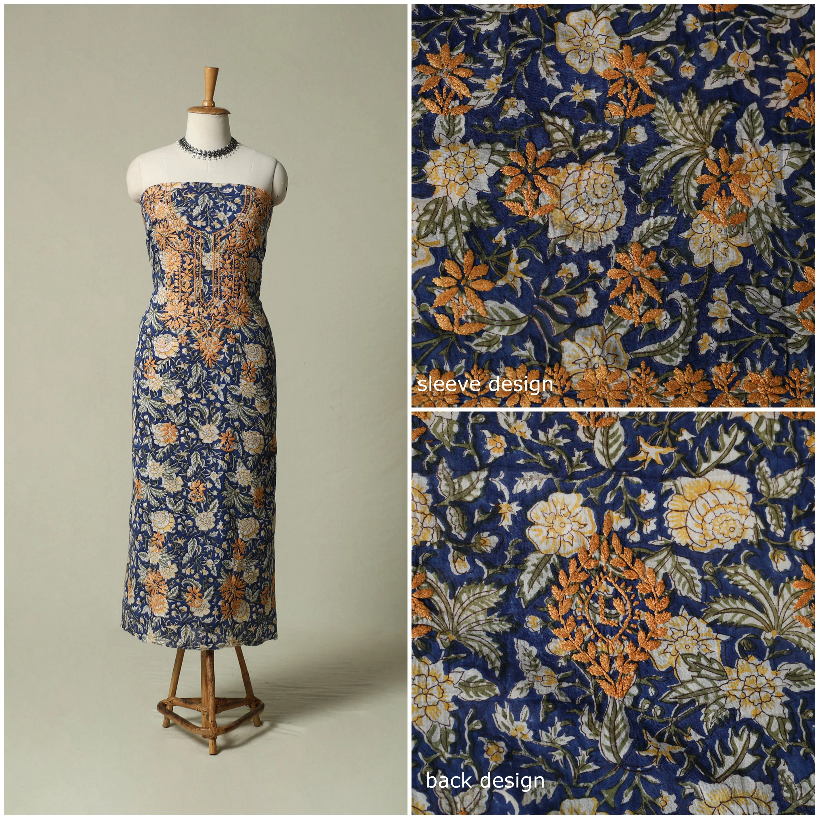 Blue - Lucknowi Chikankari Hand Embroidery Sanganeri Unstitched Kurta Material (2.5M) 87 - Image 3