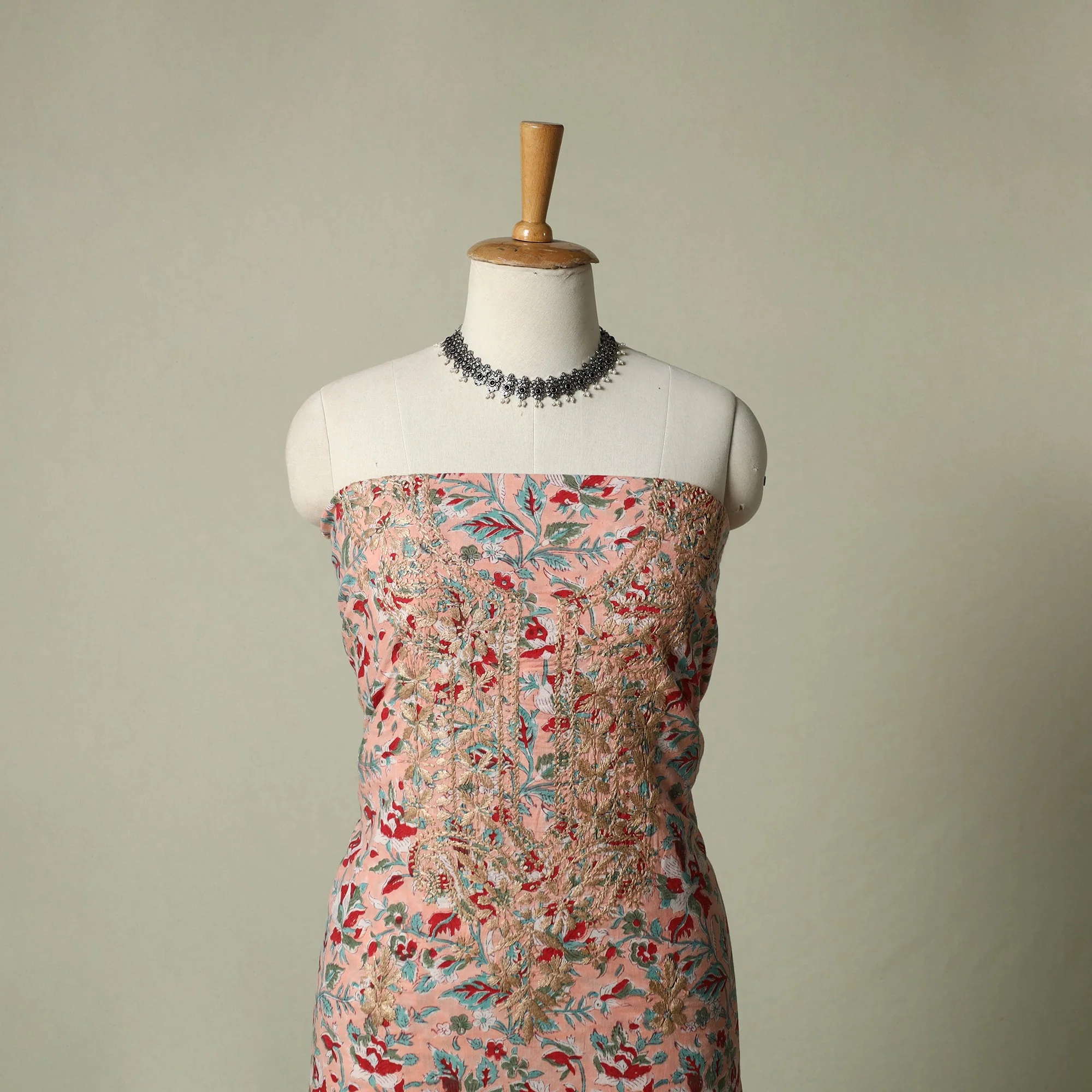 Peach - Lucknowi Chikankari Hand Embroidery Sanganeri Unstitched Kurta Material (2.5M) 89 - Image 2