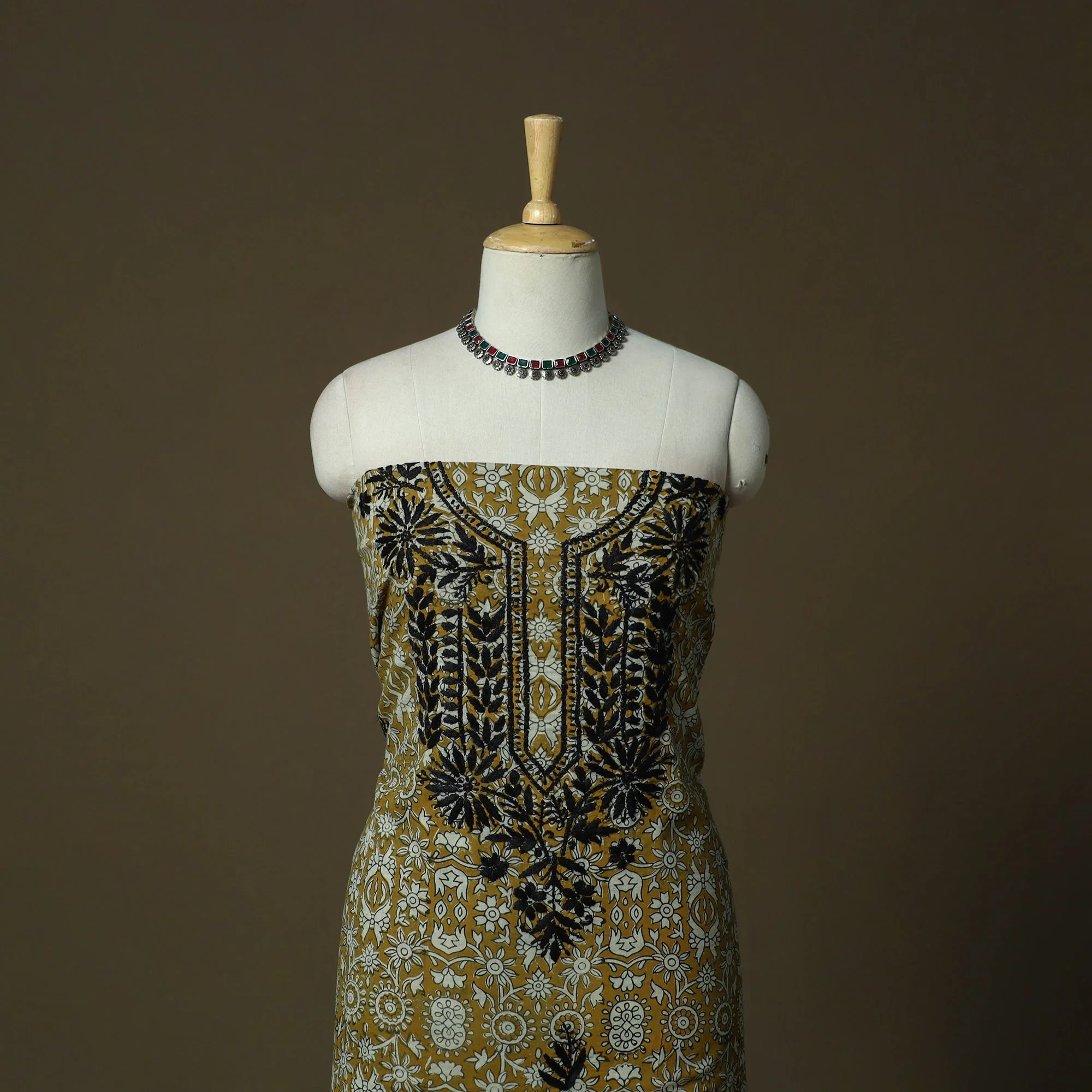 Yellow - Lucknowi Chikankari Hand Work Bagru Block Print Unstitched Kurta Material (2.5M) 03 - Image 2
