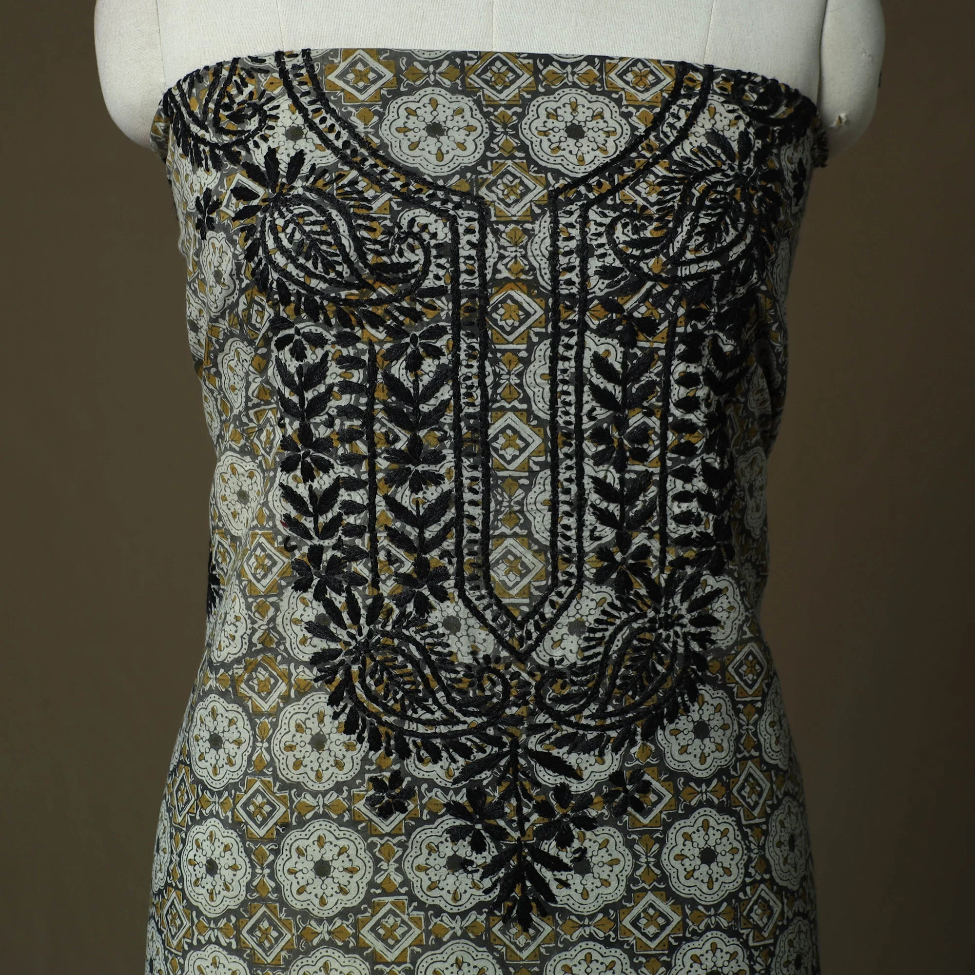 Brown - Lucknowi Chikankari Hand Work Bagru Block Print Unstitched Kurta Material (2.5M) 07 - Image 3