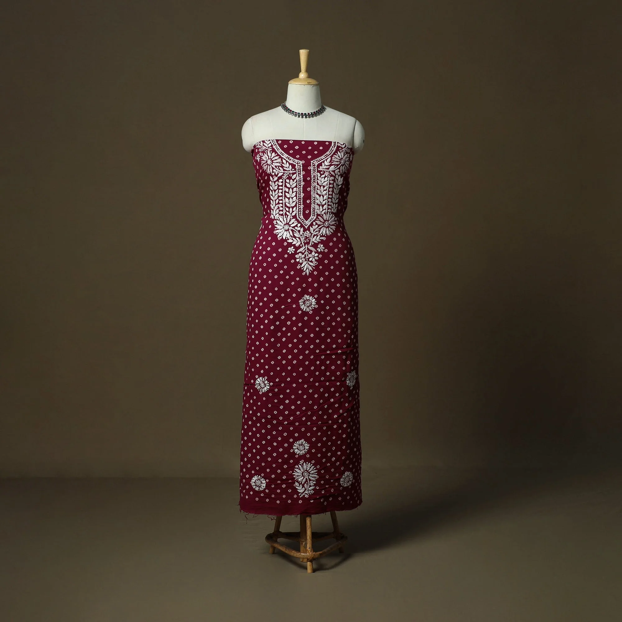 Maroon - Lucknowi Chikankari Hand Work Bandhani Unstitched Kurta Material (3M) 27