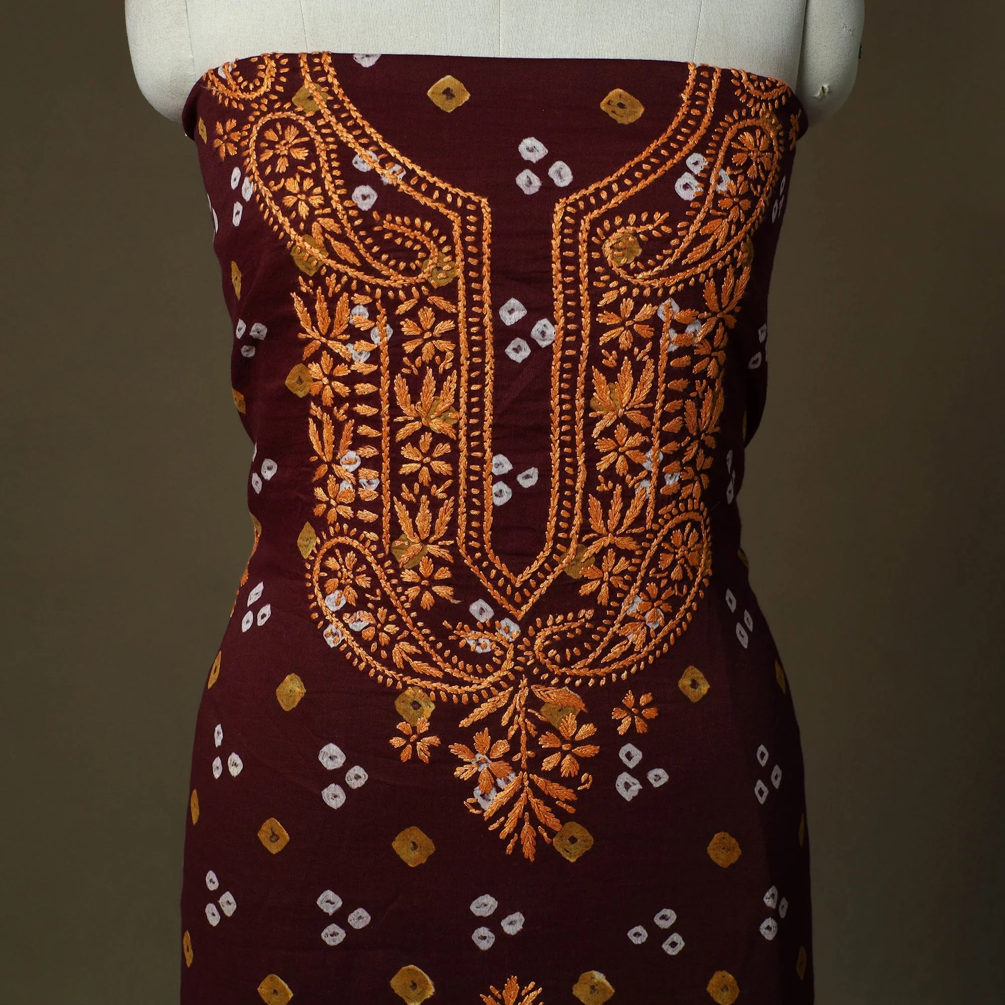Maroon - Lucknowi Chikankari Hand Work Bandhani Unstitched Kurta Material (3M) 32 - Image 3