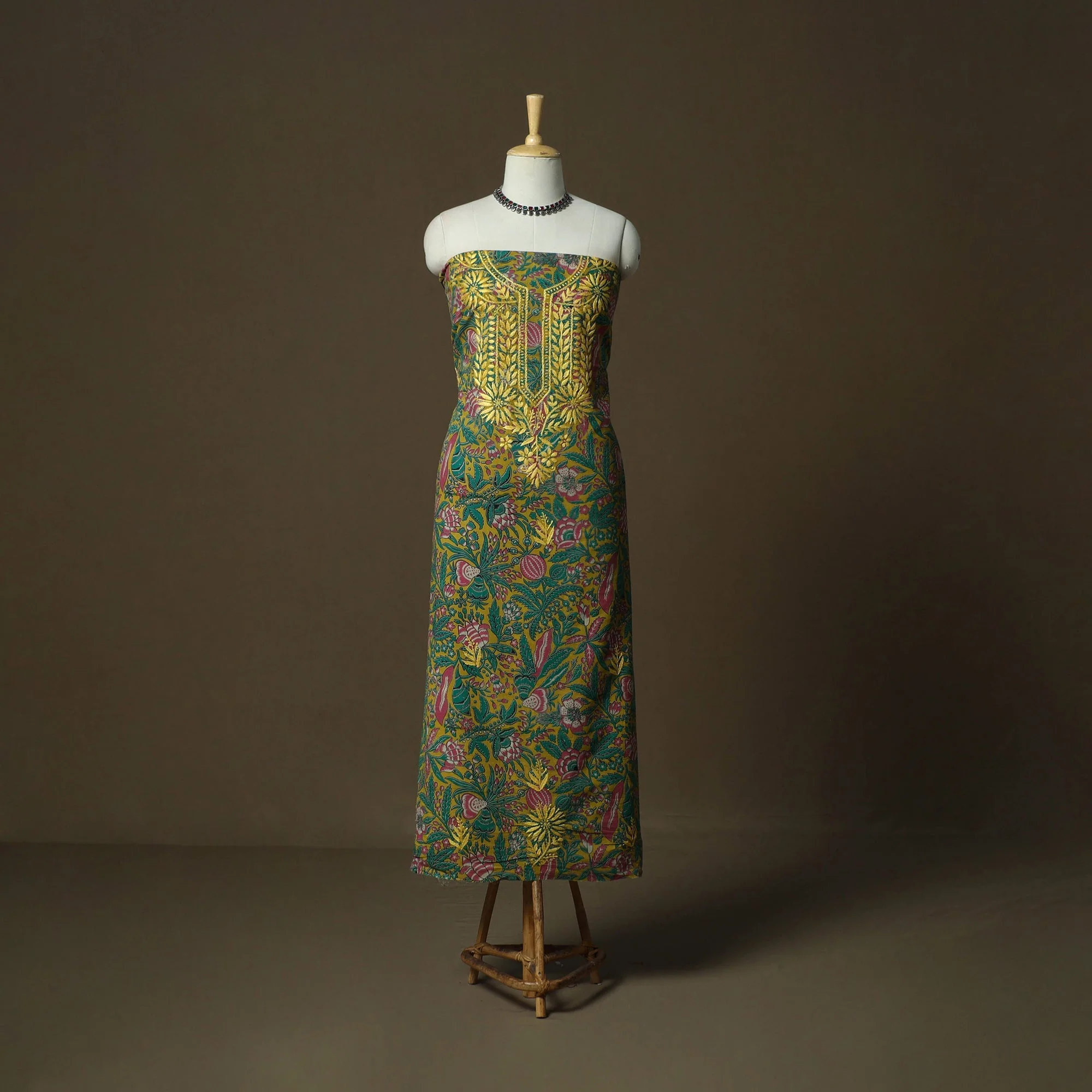 Green - Lucknowi Chikankari Hand Work Kalamkari Unstitched Kurta Material (3M) 36