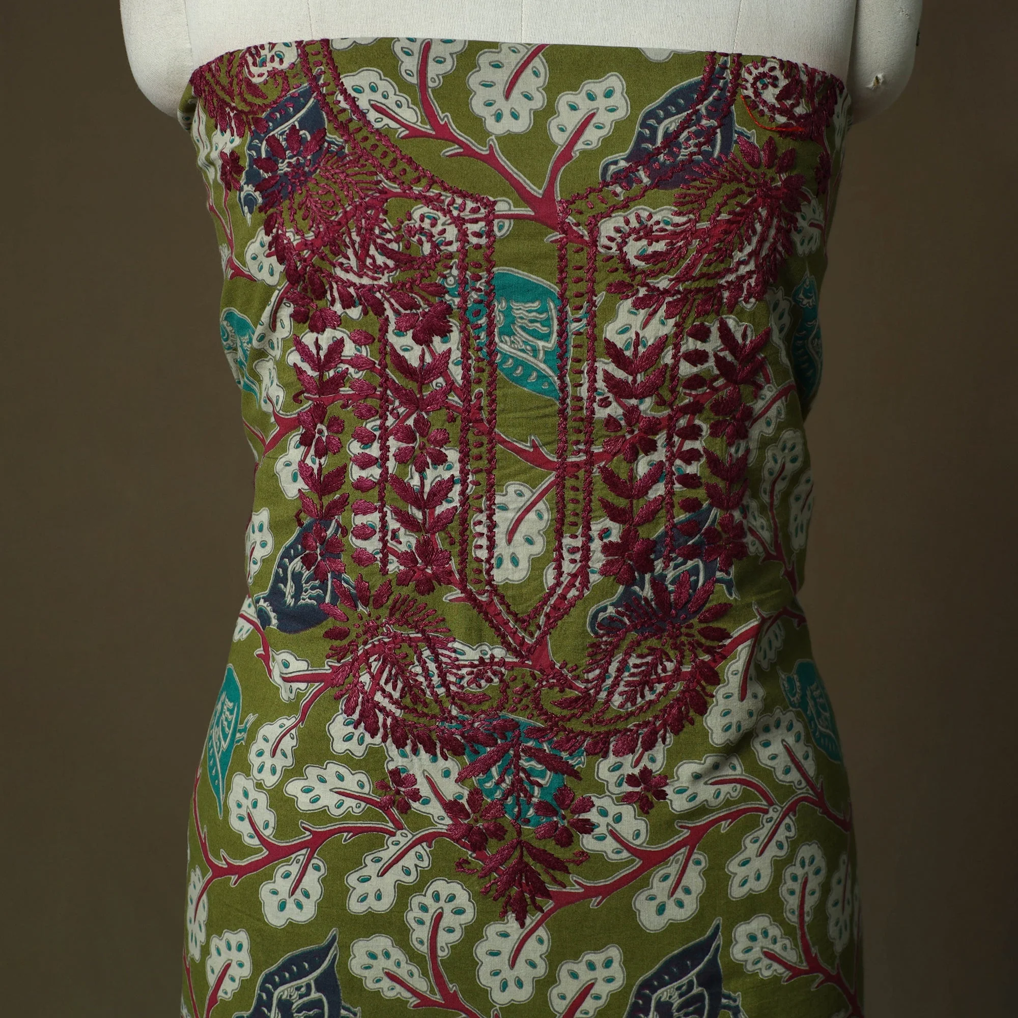Green - Lucknowi Chikankari Hand Work Kalamkari Unstitched Kurta Material (3M) 37 - Image 3