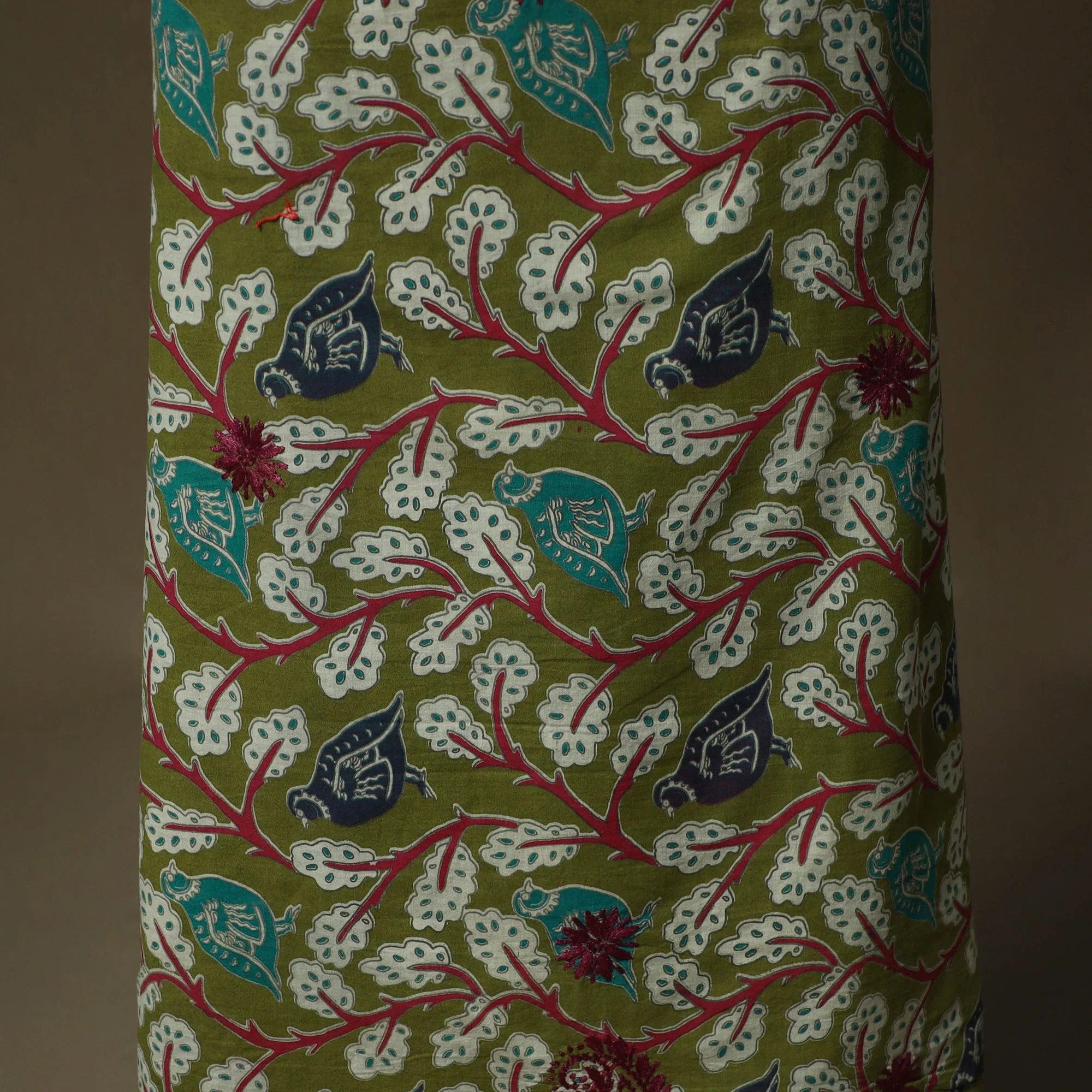 Green - Lucknowi Chikankari Hand Work Kalamkari Unstitched Kurta Material (3M) 37 - Image 4