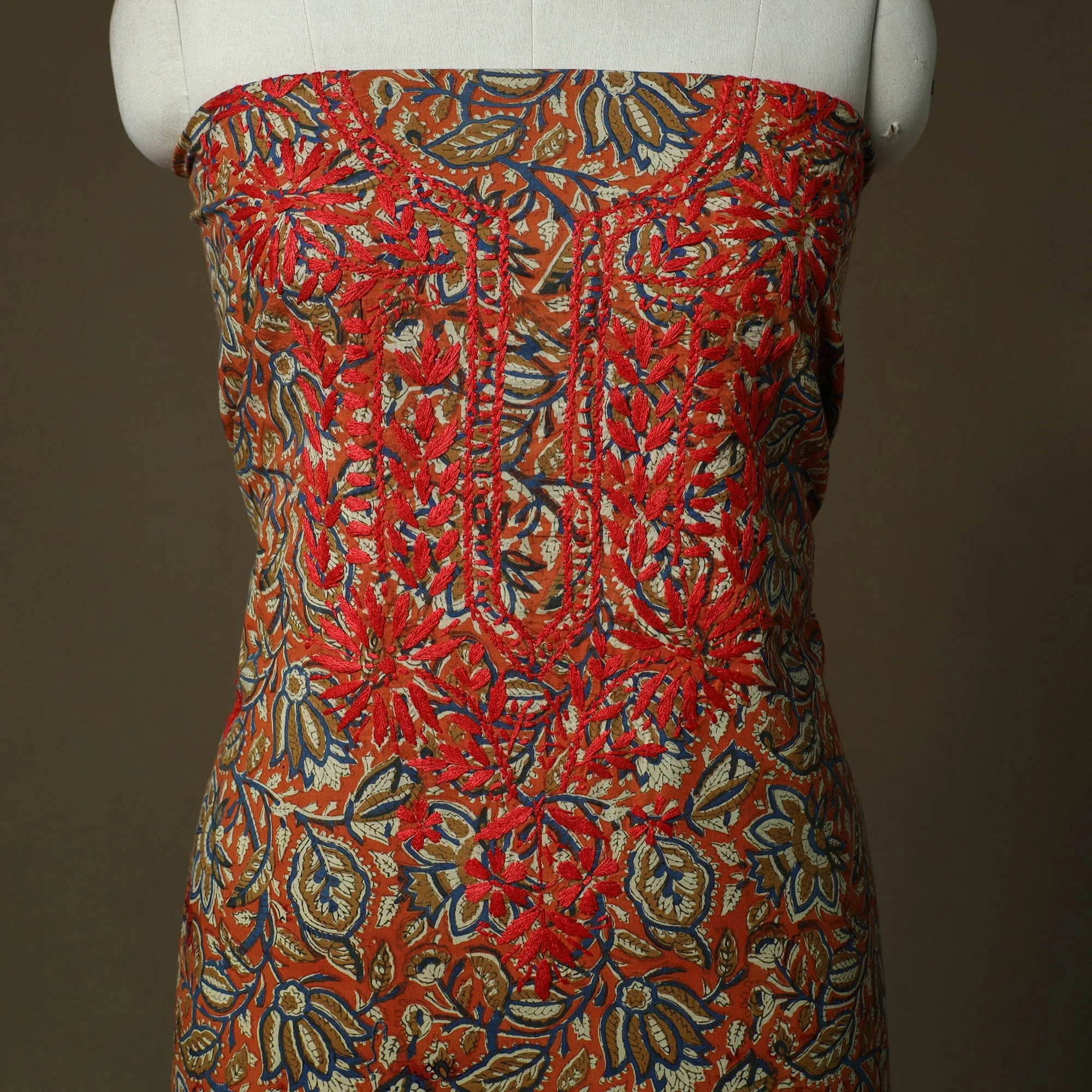 Red - Lucknowi Chikankari Hand Work Kalamkari Unstitched Kurta Material (3M) 40 - Image 3
