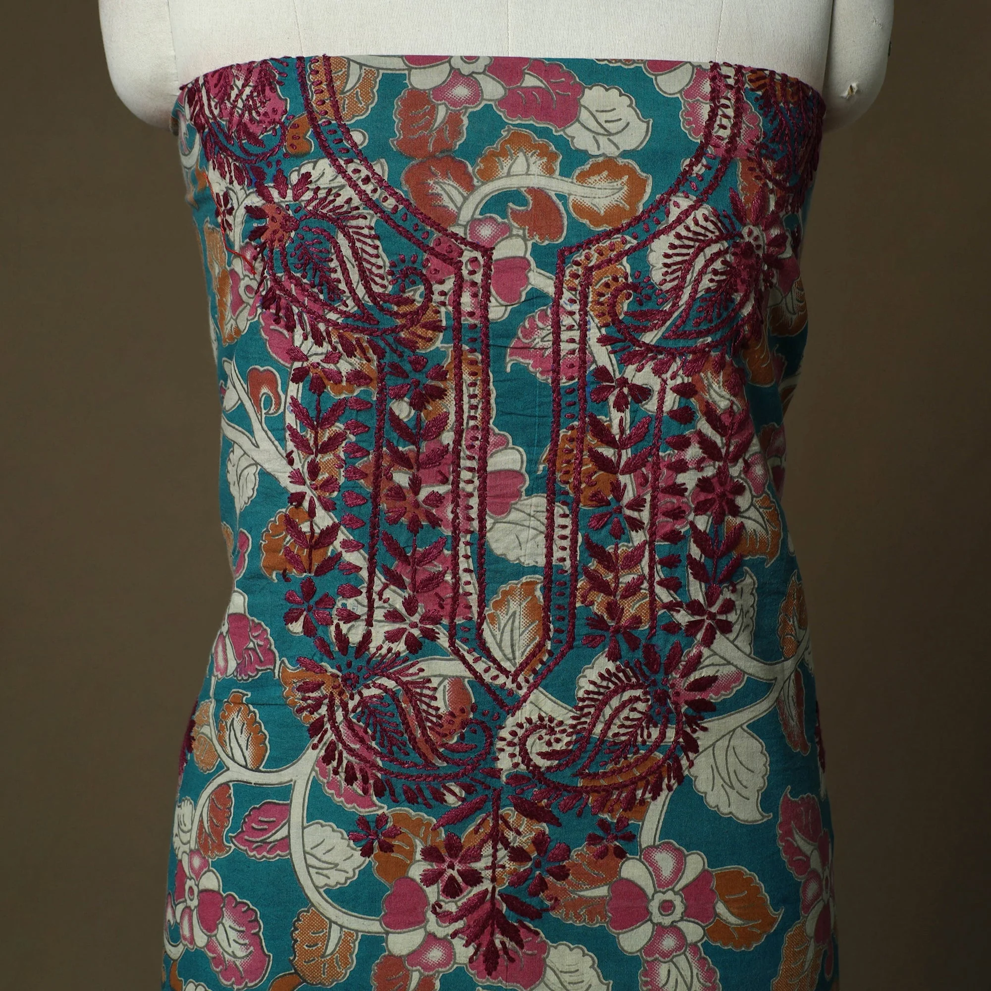 Blue - Lucknowi Chikankari Hand Work Kalamkari Unstitched Kurta Material (3M) 46 - Image 3
