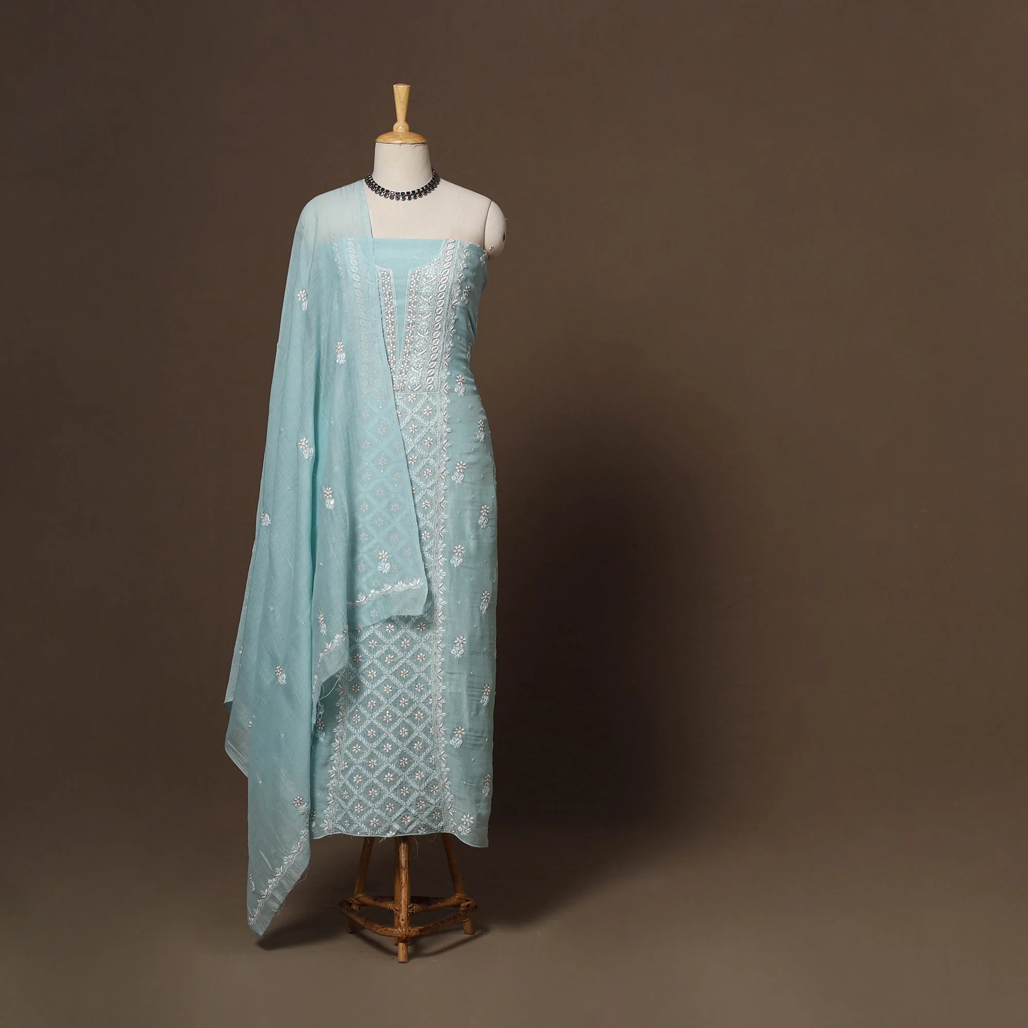 Lucknowi Chikankari Heavy Hand Embroidered Mul Chanderi 2pc Unstitched Dress Material 12