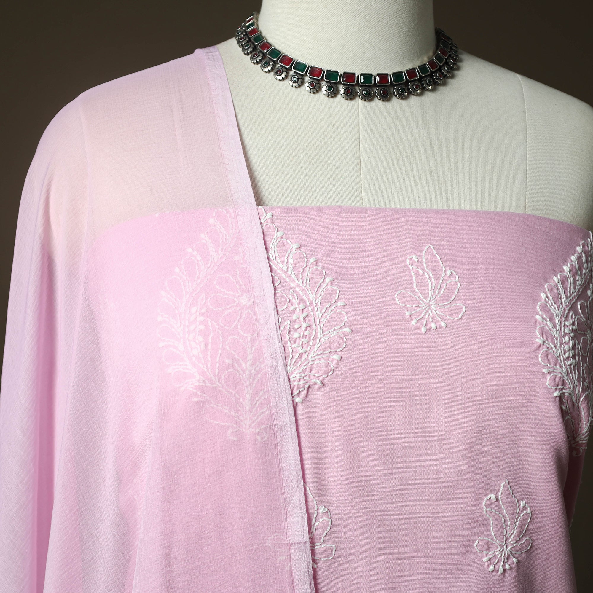 Pink - Lucknowi Hand Embroidered Cotton Chikankari 3pc Unstitched Dress Material 24 - Image 4