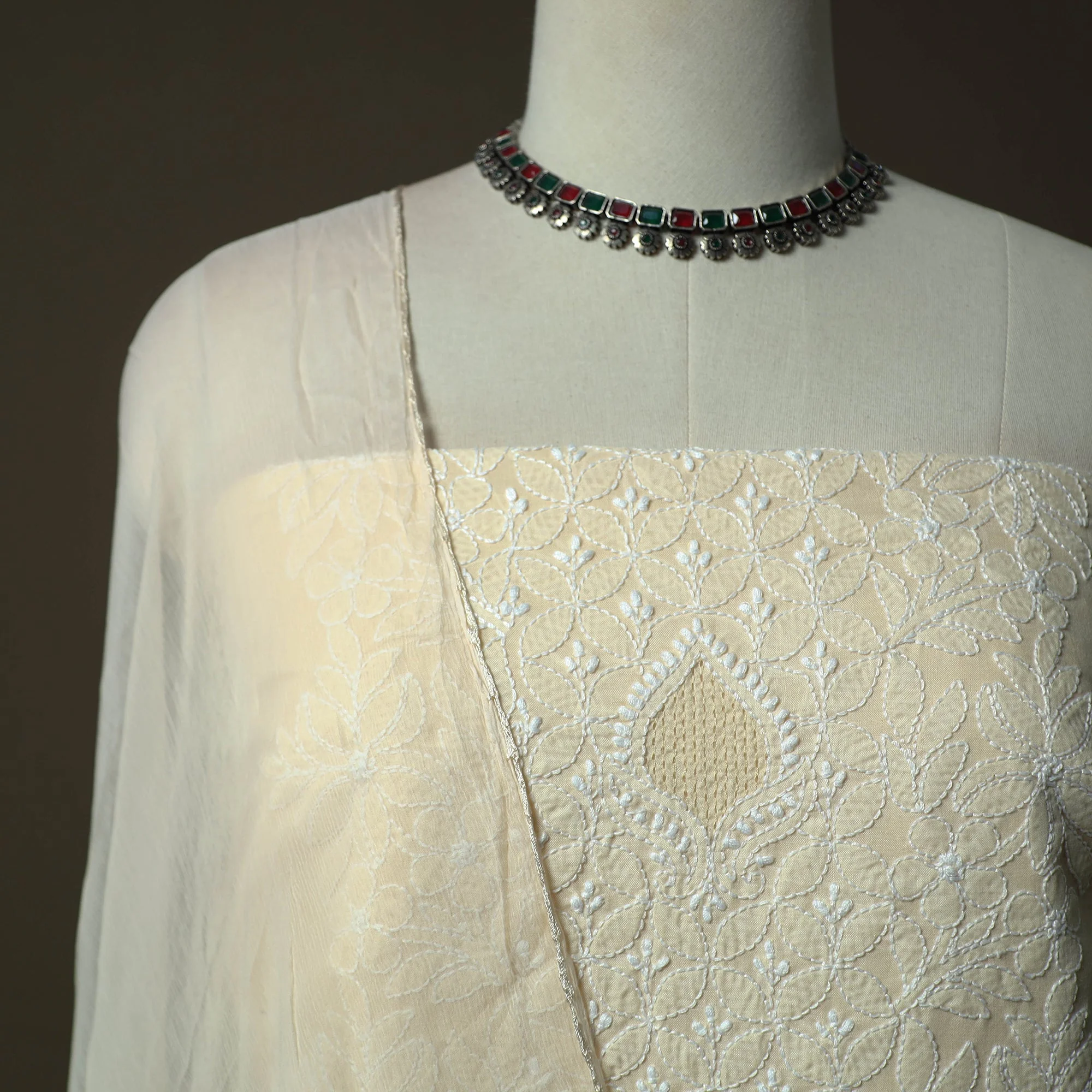 Lucknowi Hand Embroidered Cotton Chikankari 3pc Unstitched Dress Material 37 - Image 4