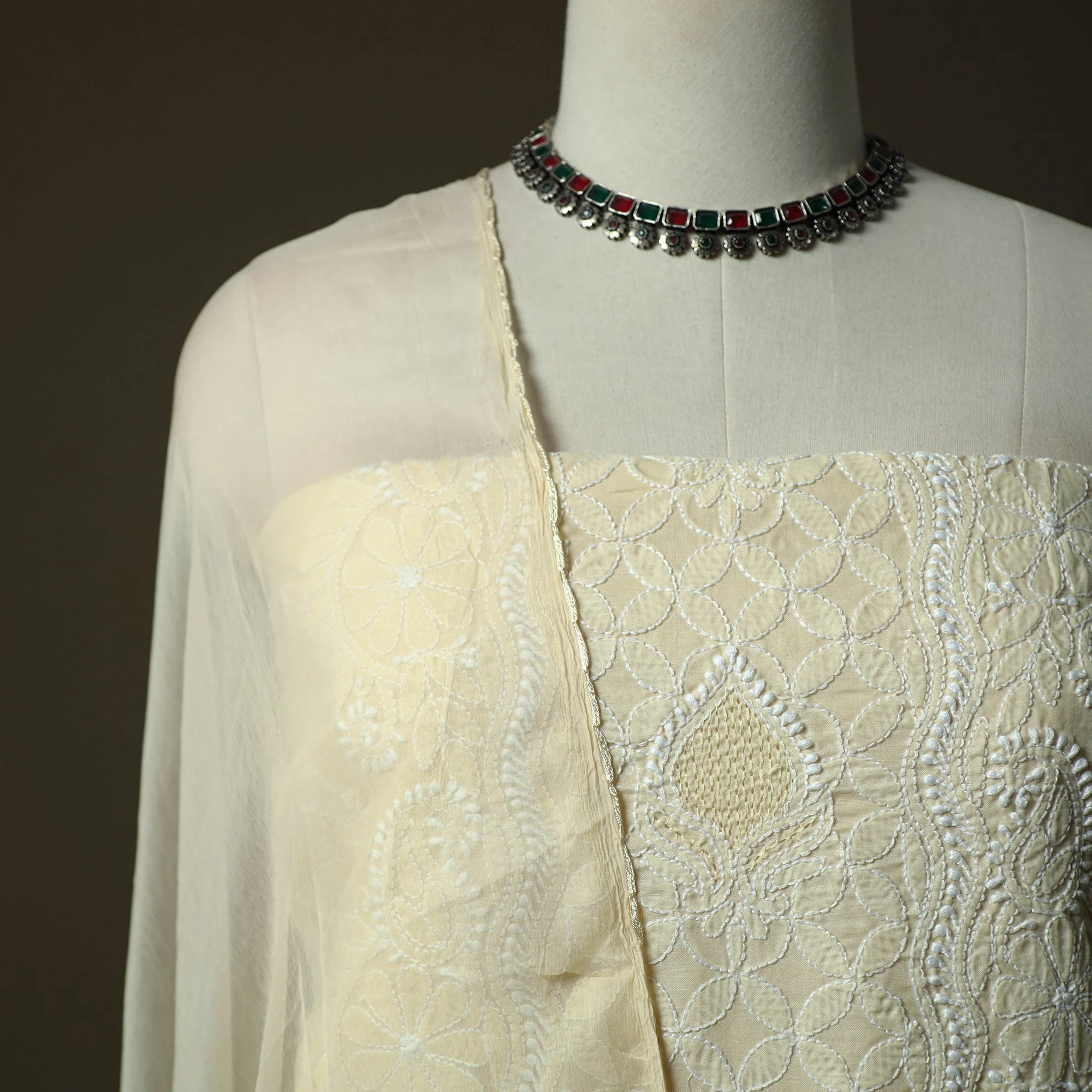 Lucknowi Hand Embroidered Cotton Chikankari 3pc Unstitched Dress Material 45 - Image 4