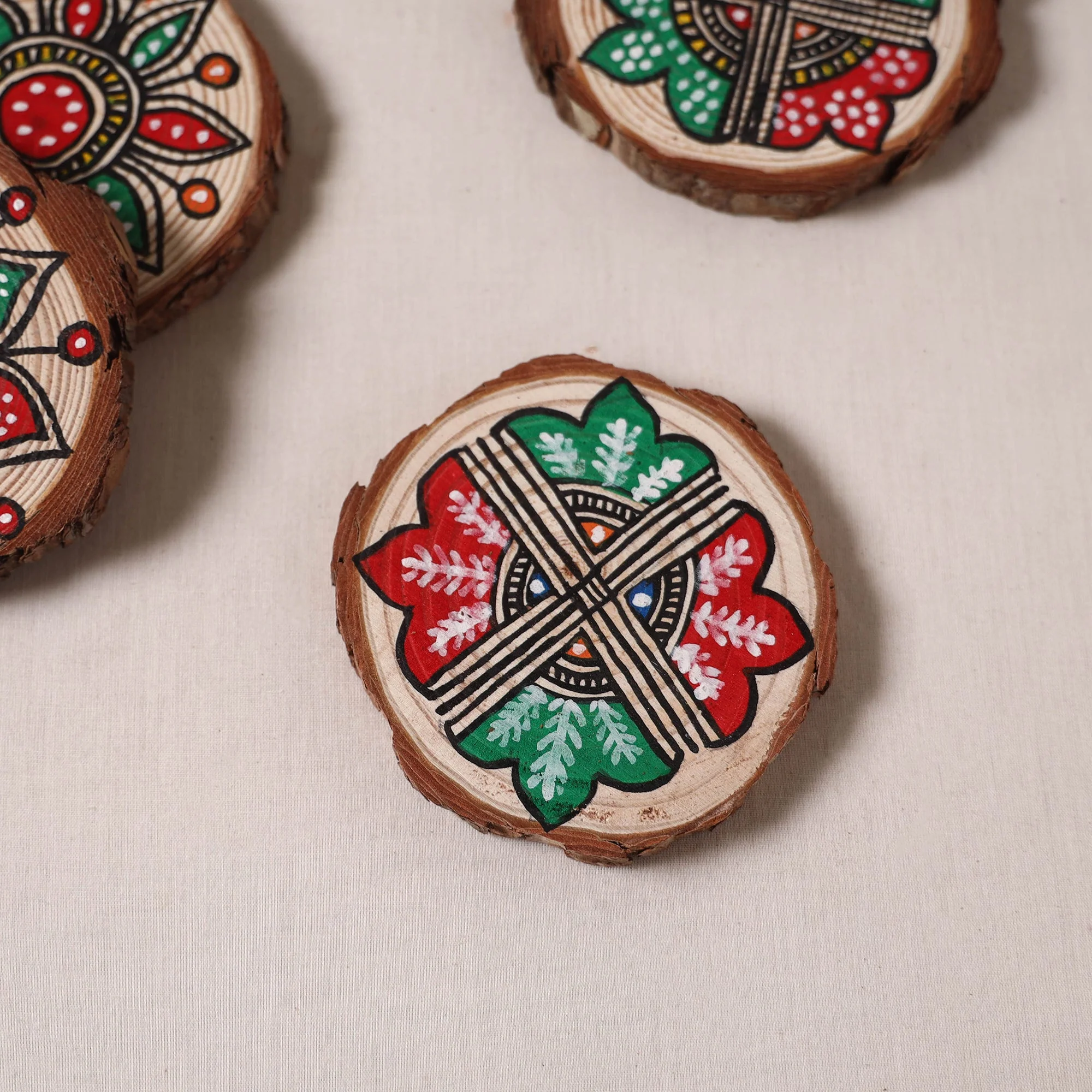 Multicolor - Madhubani Handpainted Pine Wood Coaster (Set of 4) 10 - Image 3