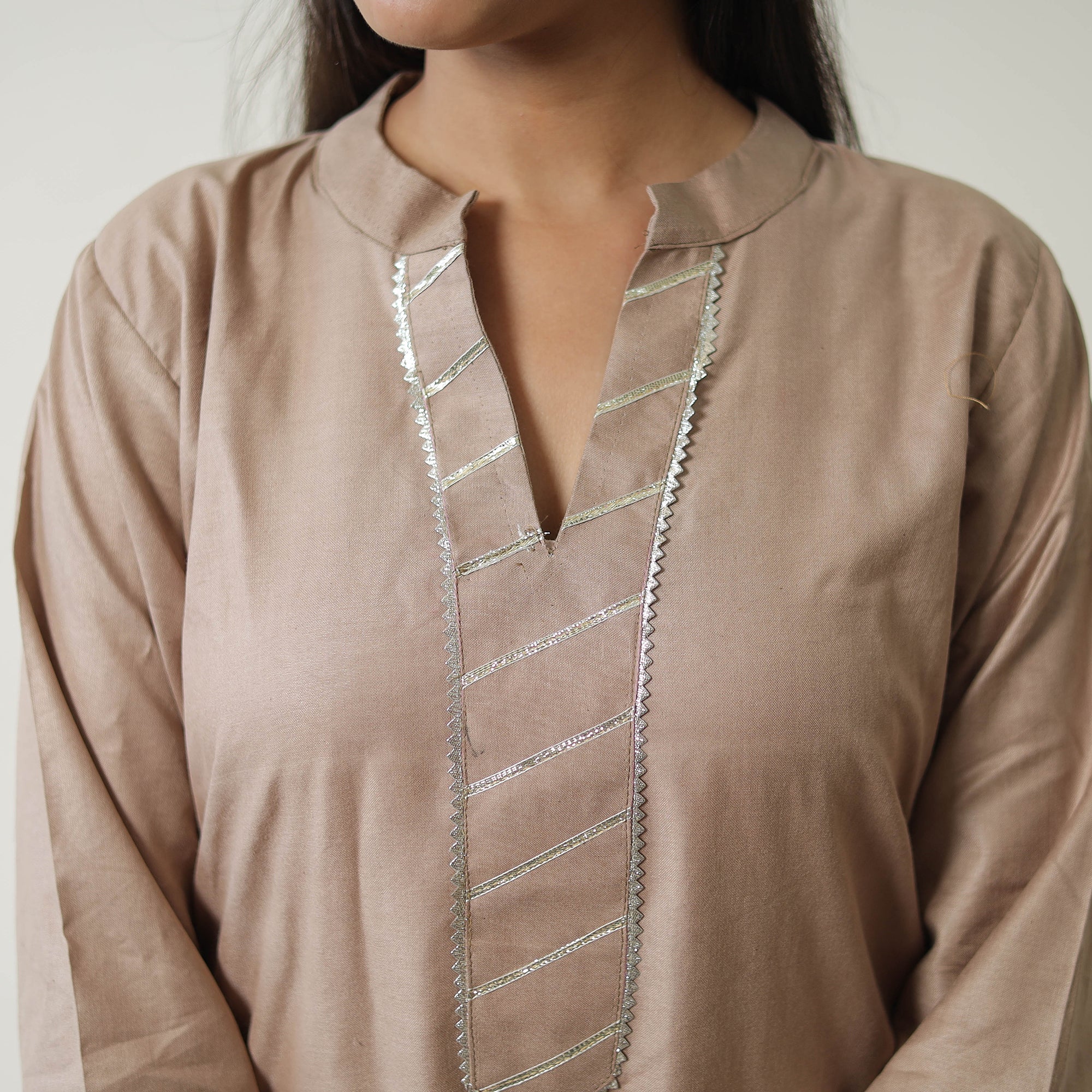 Mahek Beige Linen Cotton Plain Kurta with Gota Work - Image 6