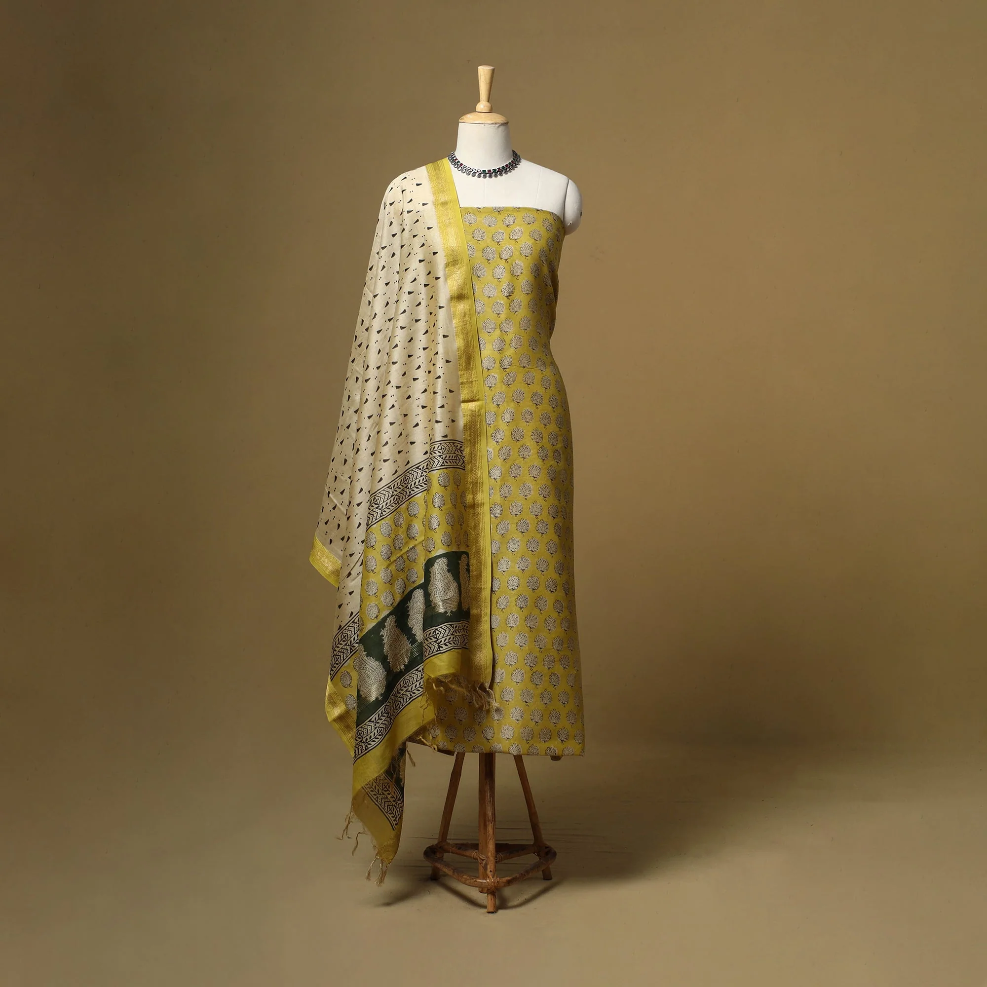 Yellow - Maheshwari Silk Bagru Hand Block Print 3pc Unstitched Dress Material 21 - Image 2