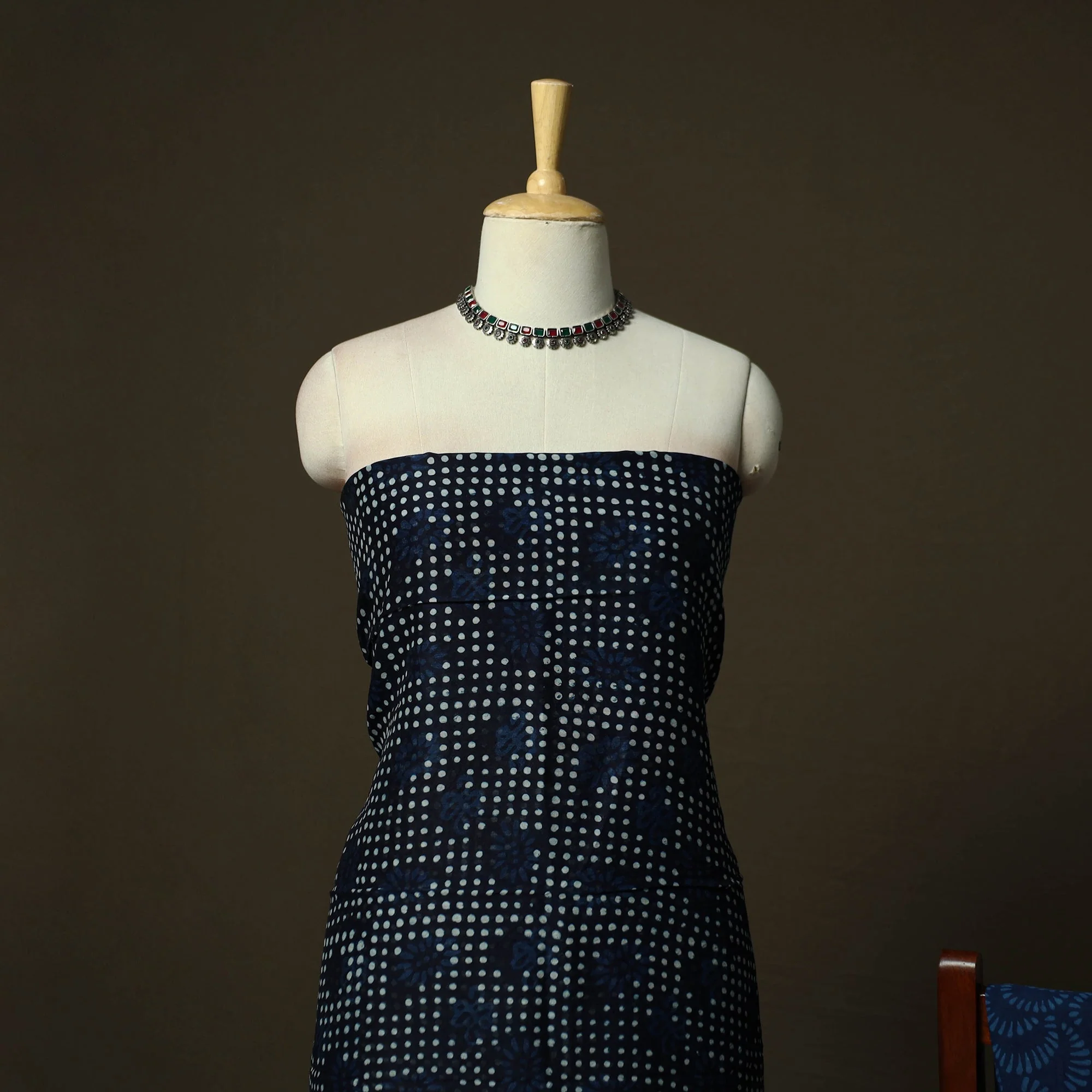 Blue - Maheshwari Silk Hand Block Indigo Bagru Print 3pc Unstitched Dress Material 37 - Image 3