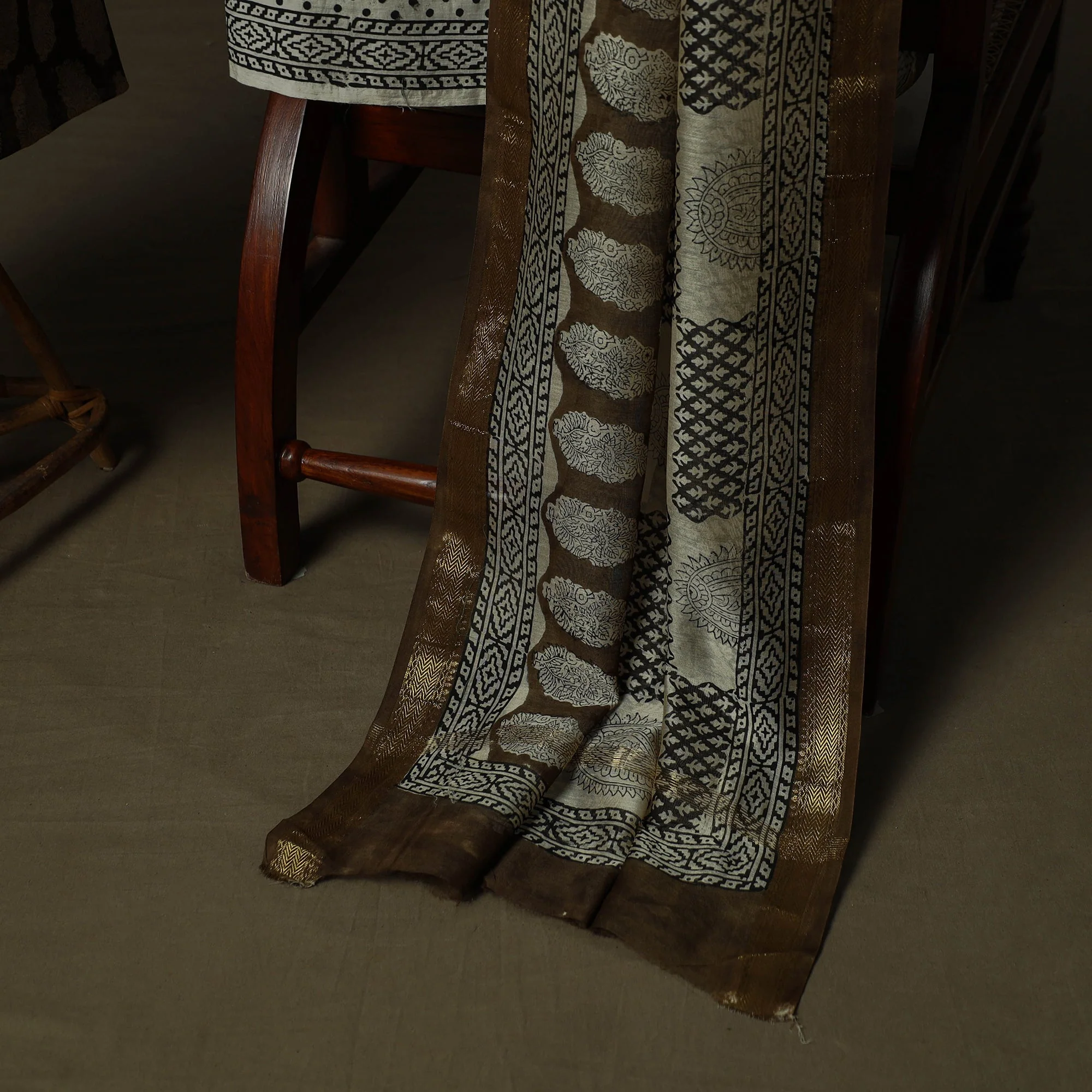 Brown - Maheshwari Silk Hand Block Sanganeri Print 3pc Unstitched Dress Material 70 - Image 4