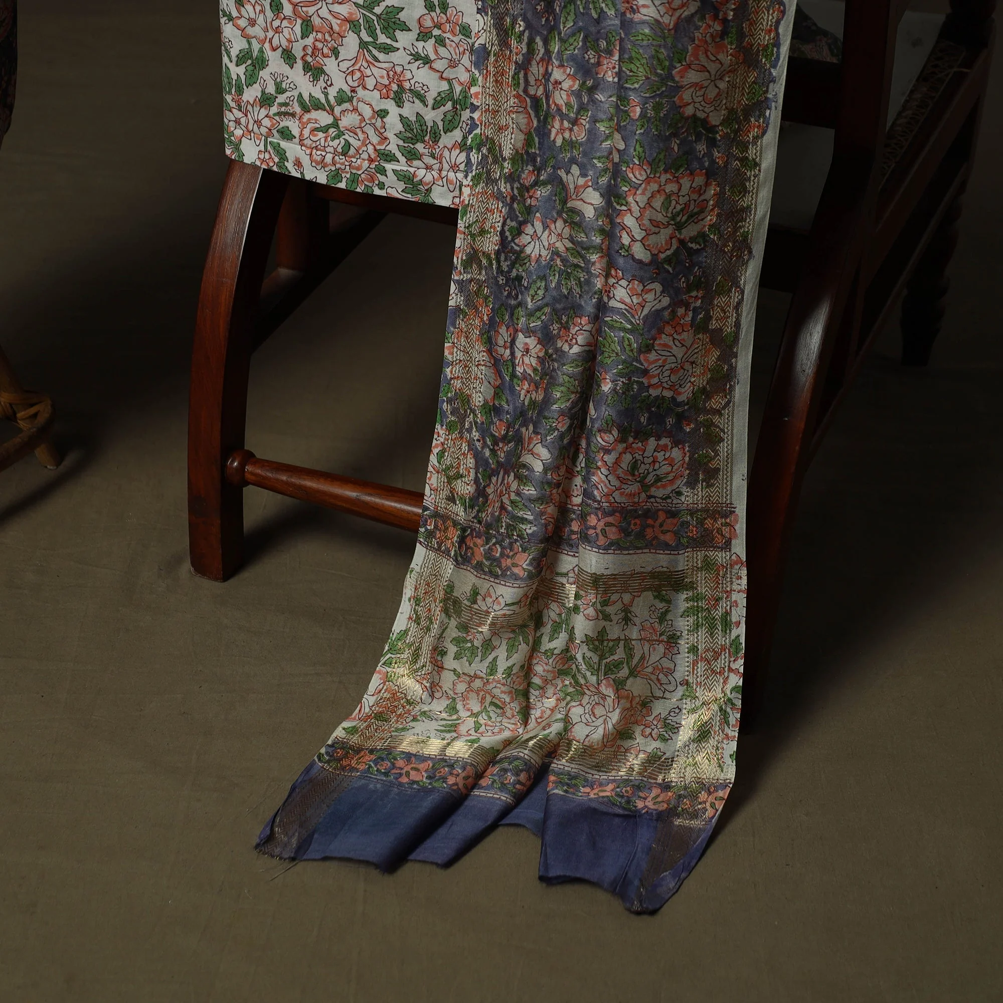 Blue - Maheshwari Silk Hand Block Sanganeri Print 3pc Unstitched Dress Material 78 - Image 4