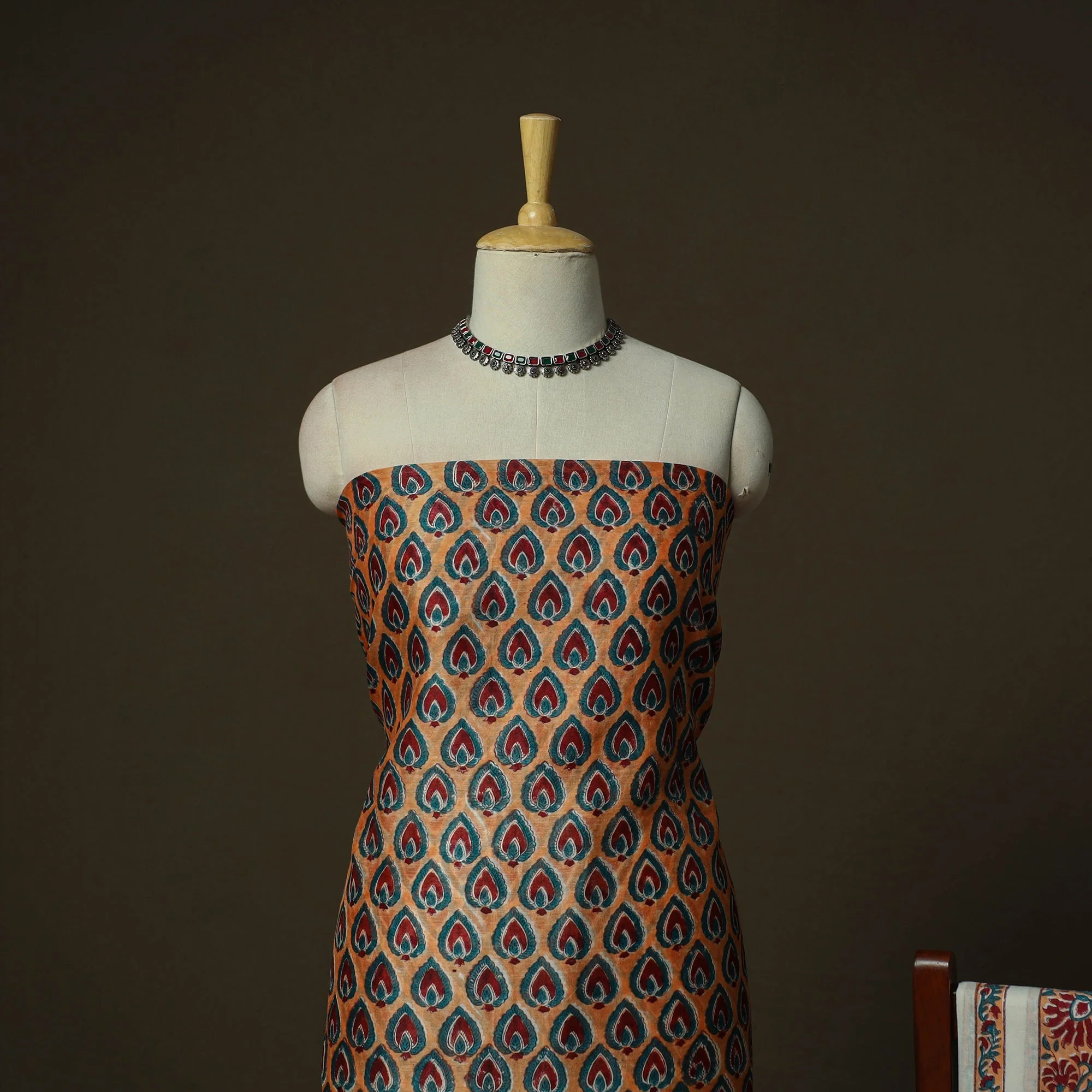 Peach - Maheshwari Silk Hand Block Sanganeri Print 3pc Unstitched Dress Material 81 - Image 3
