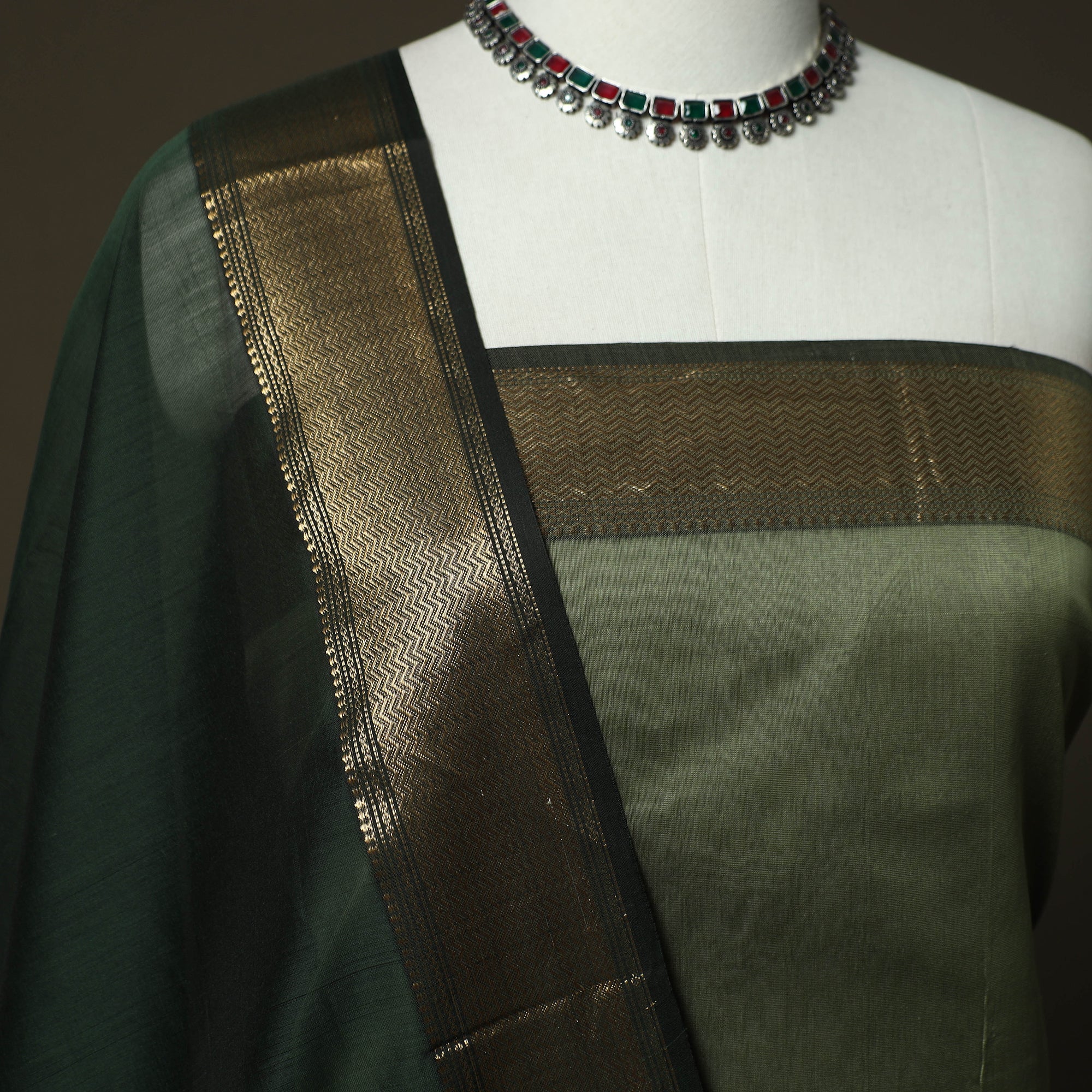 Green - Maheshwari Silk Handloom 2pc Unstitched Dress Material with Zari Border 07 - Image 3