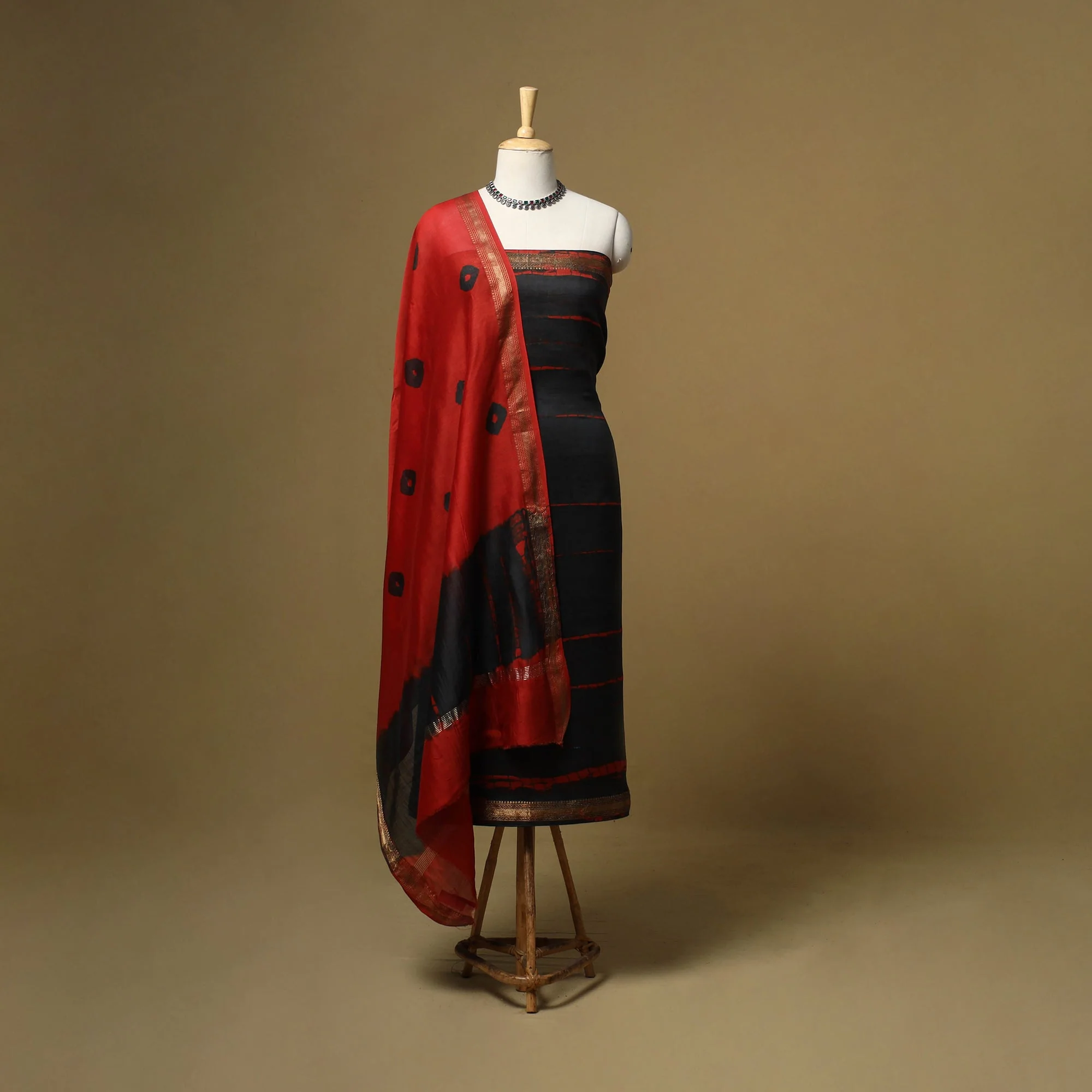 Black - Maheshwari Silk Shibori Tie-Dye 3pc Unstitched Dress Material 17 - Image 2