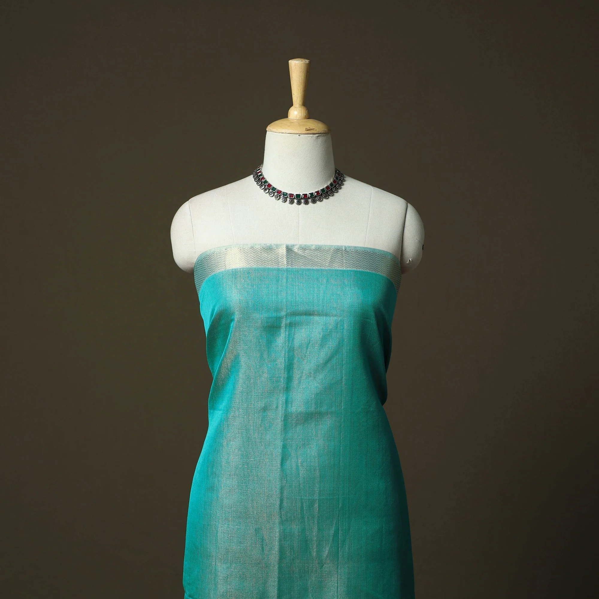 Green - Maheshwari Silk Tissue Zari Handloom 2pc Unstitched Dress Material with Zari Border 37 - Image 2