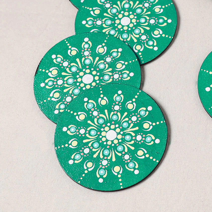 Green - Mandala Art Handpainted Wooden Coasters (Set of 6) 07 - Image 2