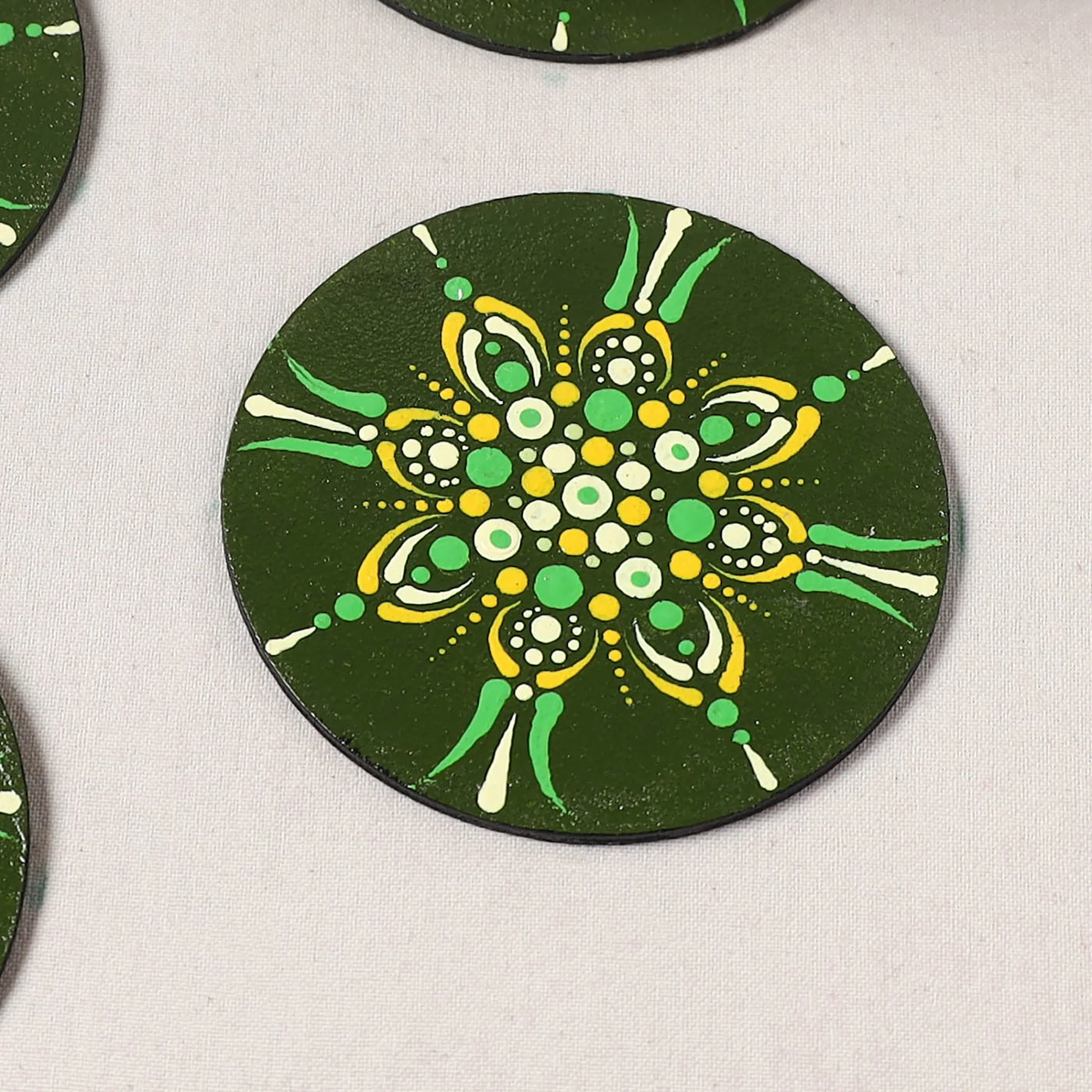 Green - Mandala Art Handpainted Wooden Coasters (Set of 6) 11 - Image 3