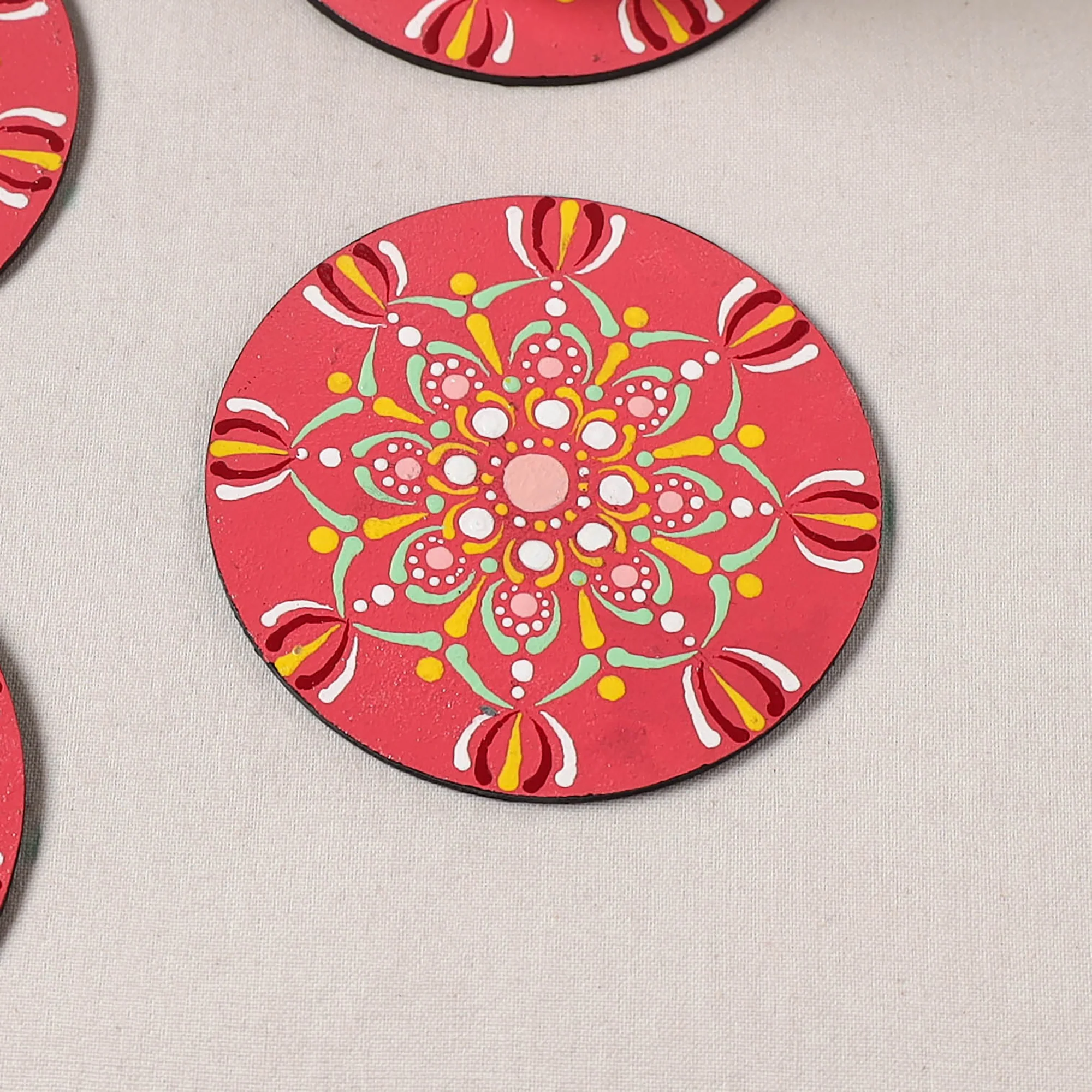 Red - Mandala Art Handpainted Wooden Coasters (Set of 6) 12 - Image 3