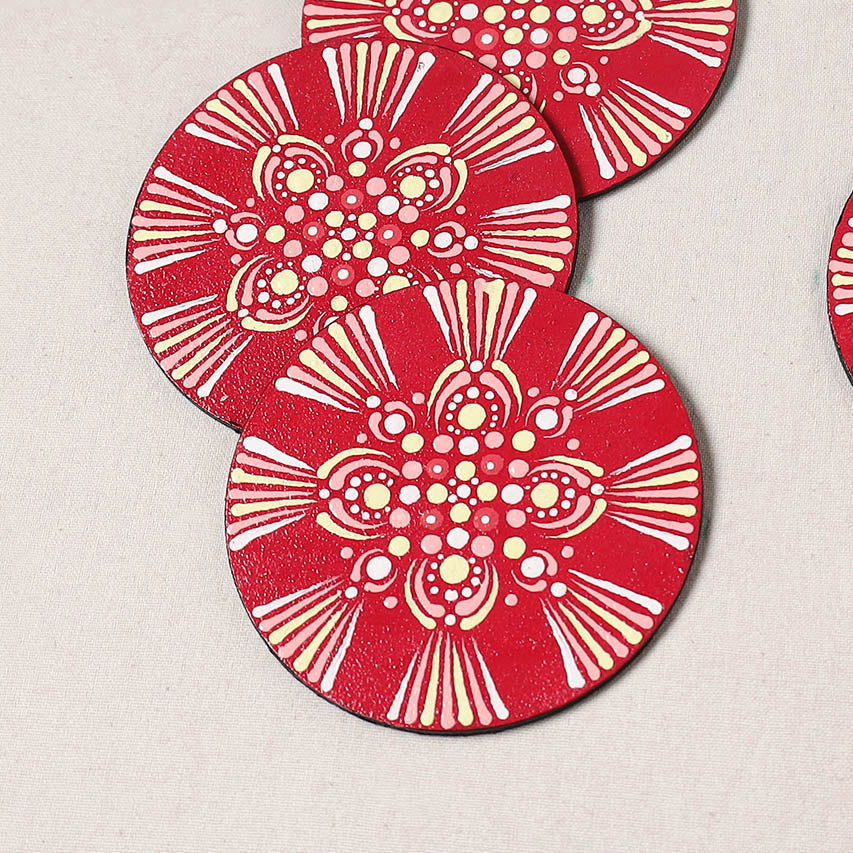 Red - Mandala Art Handpainted Wooden Coasters (Set of 6) 17 - Image 2