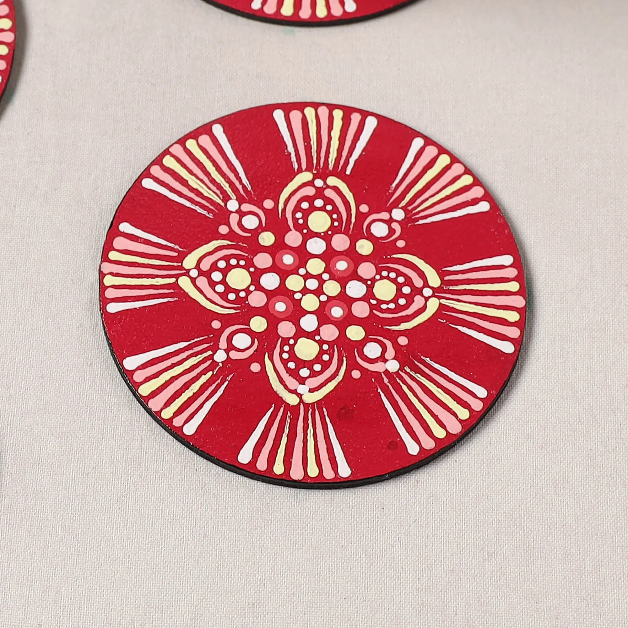 Red - Mandala Art Handpainted Wooden Coasters (Set of 6) 17 - Image 3