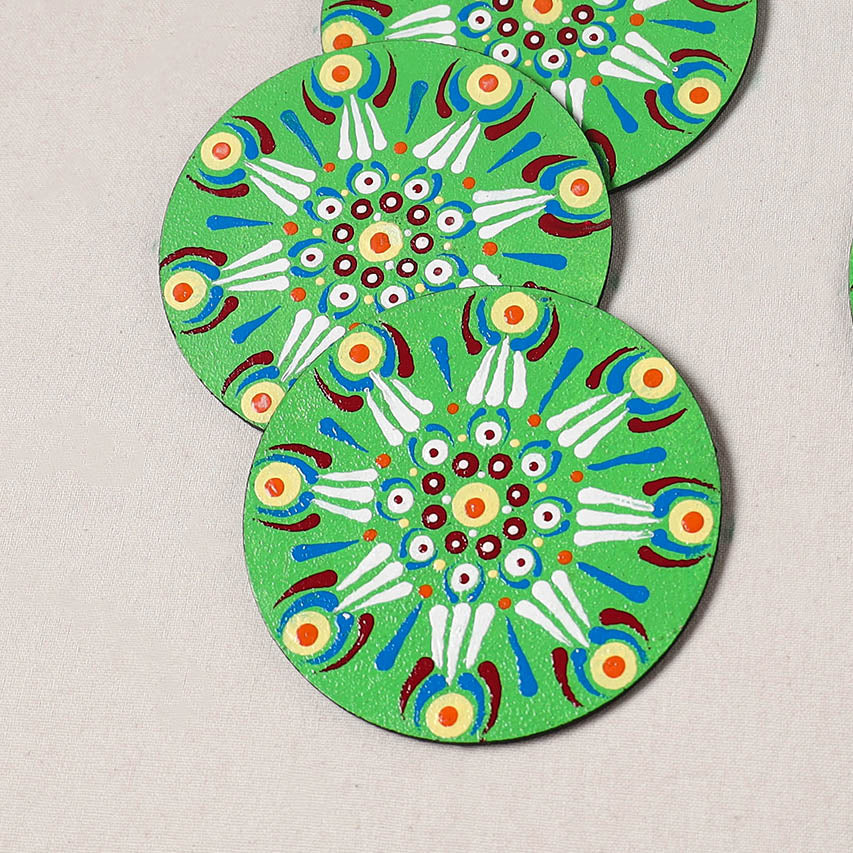 Green - Mandala Art Handpainted Wooden Coasters (Set of 6) 19 - Image 2